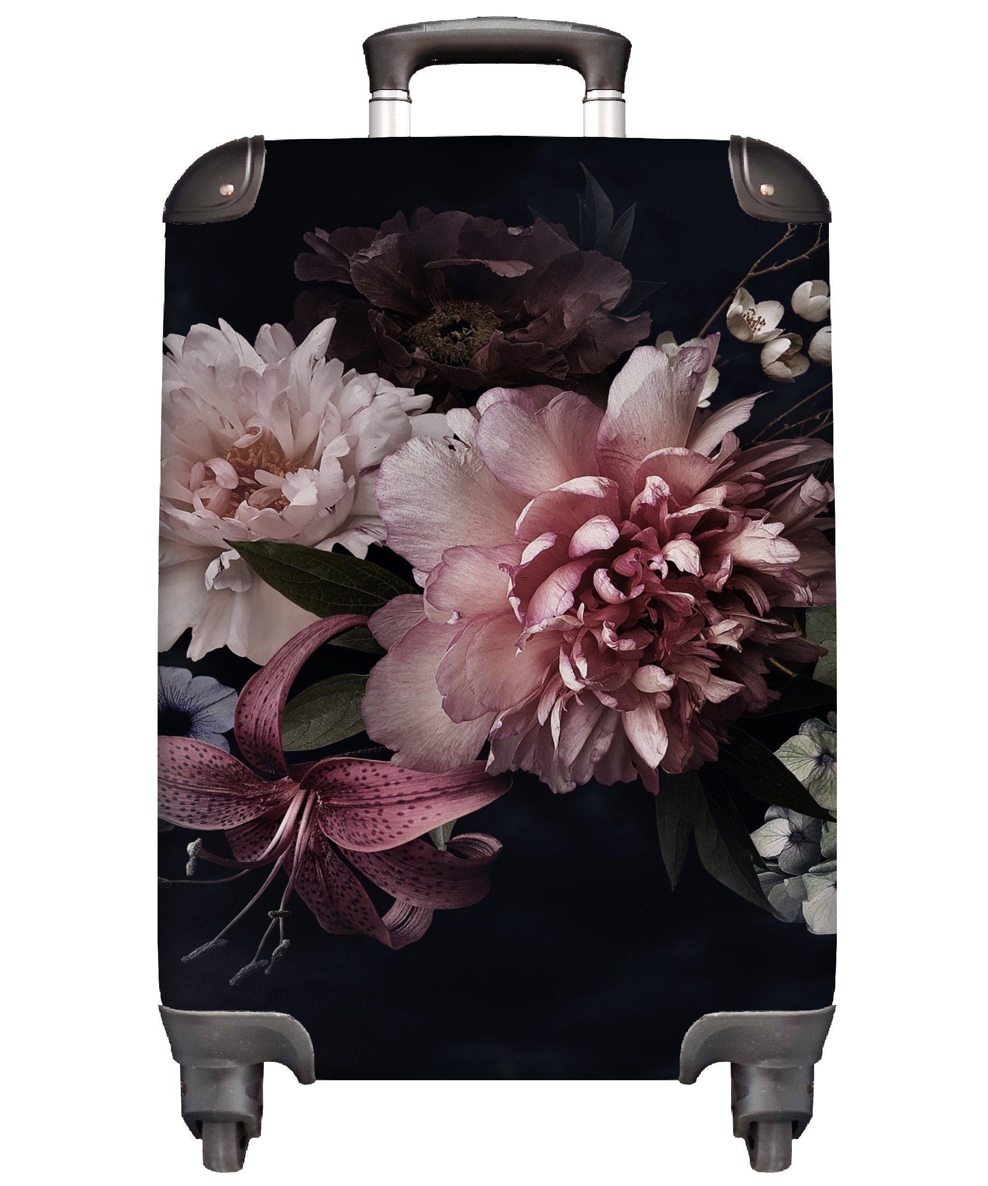 MuchoWow Handgepäckkoffer Blumen Handgepäck 4 Rollen, mit Vintage - für Reisetasche Schwarz Ferien, rollen, - - - Reisekoffer Blumenstrauß, Trolley, Pastell