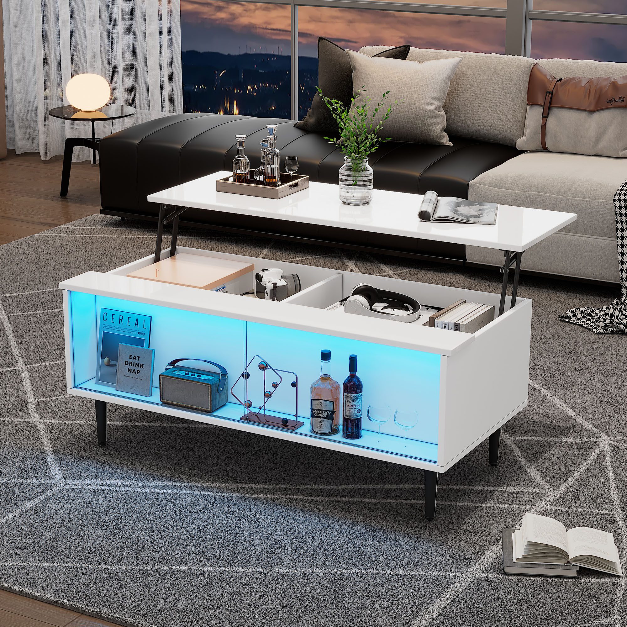 Merax Couchtisch hochglanz Sofatisch höhenverstellbarer Beistelltisch mit LED (1-St., 105x50x43 cm), Wohnzimmertisch mit verstecktem Stauraum,Glasschiebetür,Displayfläche