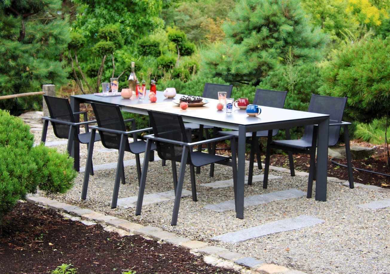 acamp Garten-Essgruppe 7-teiliges Stapelstuhl Set Hollywood inkl. ausziehbarer Tisch Woody, (Gartenmöbel Set), stapelbar, Sitzgruppe, Lounge-Set, Gartentisch 180 -246x100x74 cm