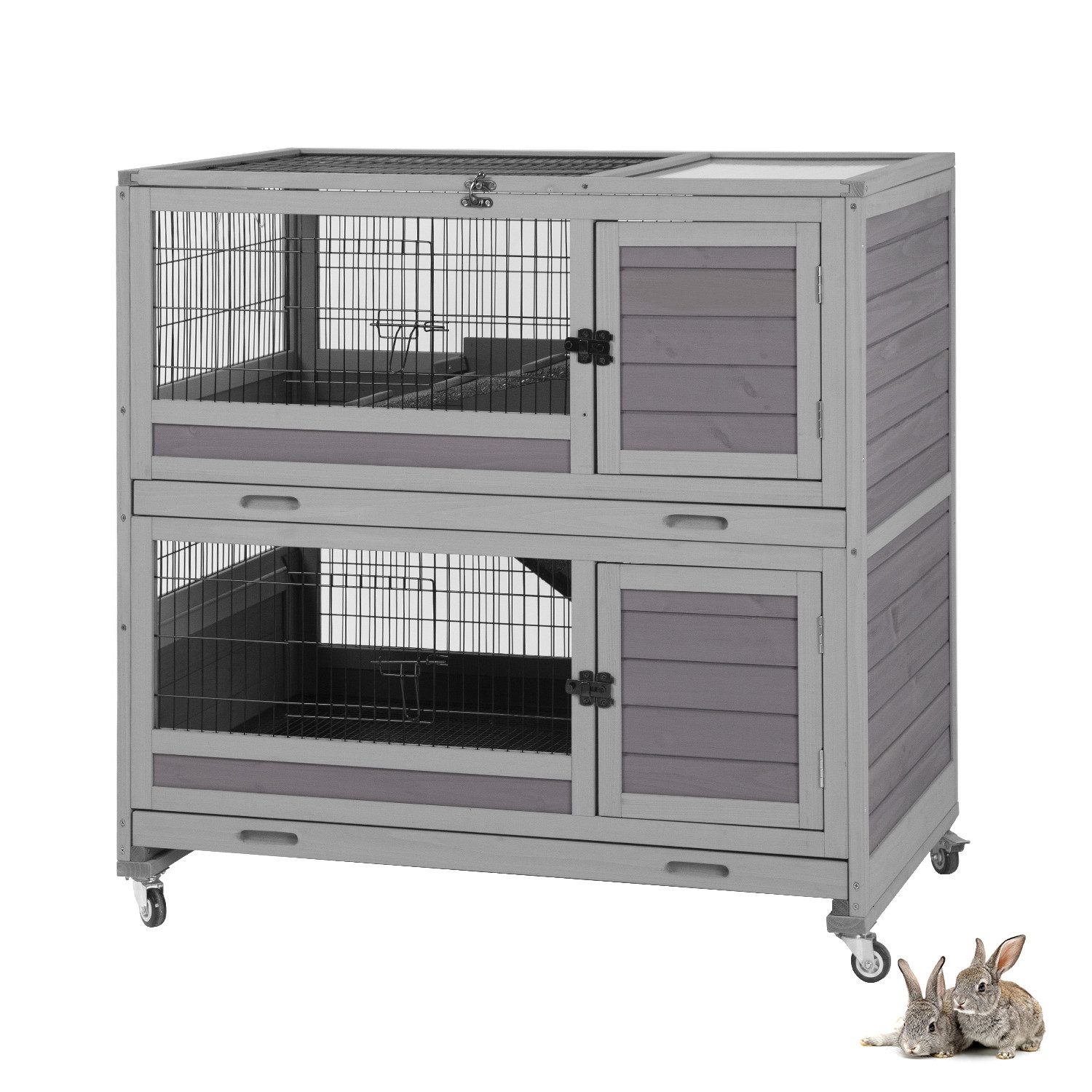 X-ZONE PET Tierhaus Winterfester doppelstöckiger Kaninchenstall Holzhaus, mit auslaufsicheren Schubladen, Abnehmbarer Maschendraht, UV-Schutz
