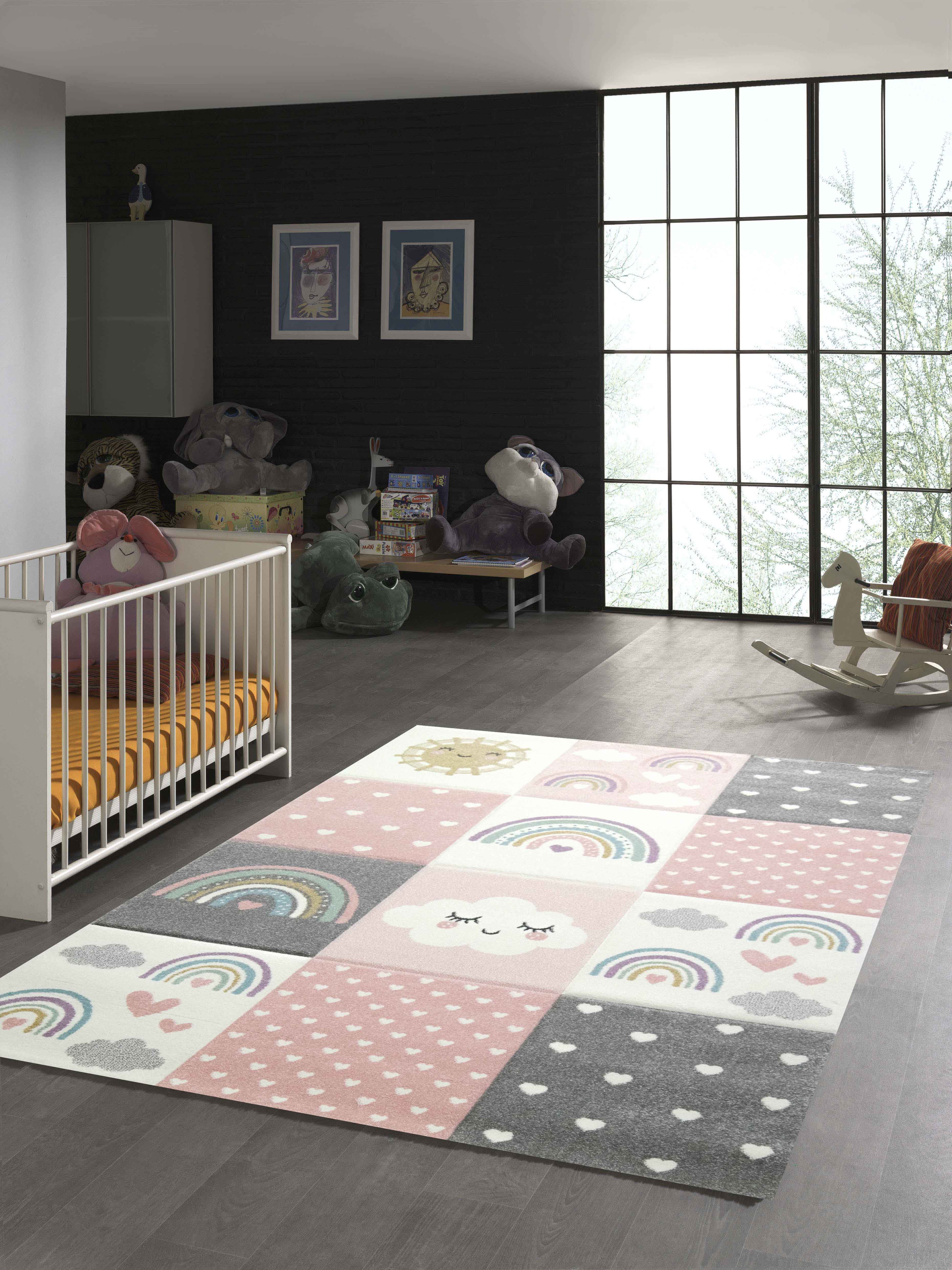 TeppichHome24 Kinderteppich Kinderteppich Punkte Herzchen Wolken rosa creme grau, rechteckig, Höhe: 1.3 mm