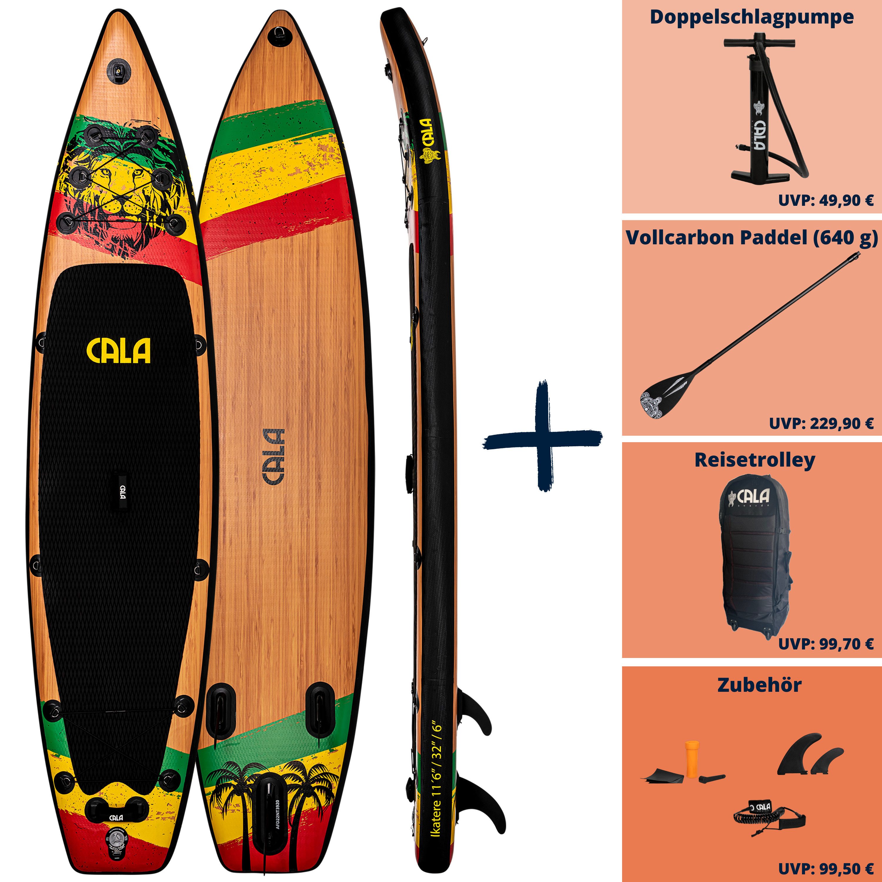 CALA SUP-Board IKATERE, robustes SUP- Board aufblasbar, (Komplett-Set, SUP BOARD inkl. Board Bag, Pumpe, Vollcarbon-Paddeh, Leash, Finnen), 2 Gepäcknetze, D-Ringe für einen Kajakistz, Komplett-Set