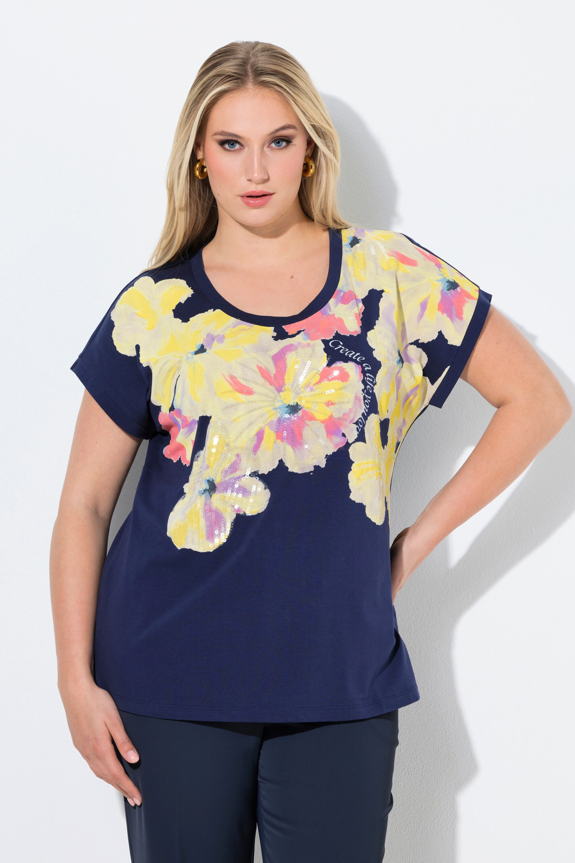 Ulla Popken T-Shirt T-Shirt Blüten oversized Rundhals Halbarm günstig online kaufen