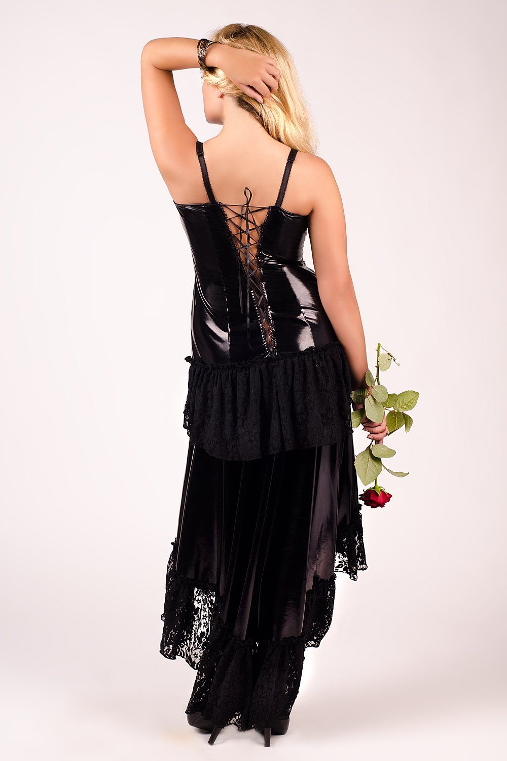 Andalea Vokuhila-Kleid Vokuhila Kleid langes asymmetrisches  Wetlook-Partykleid mit Spitze, schwarz, Made in EU