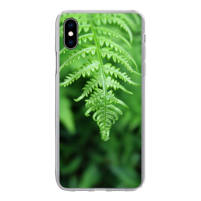 MuchoWow Handyhülle Grüne Blätter eines Farns vor einem verblassten Hintergrund Handyhülle Apple iPhone Xs Max Smartphone-Bumper Print Handy