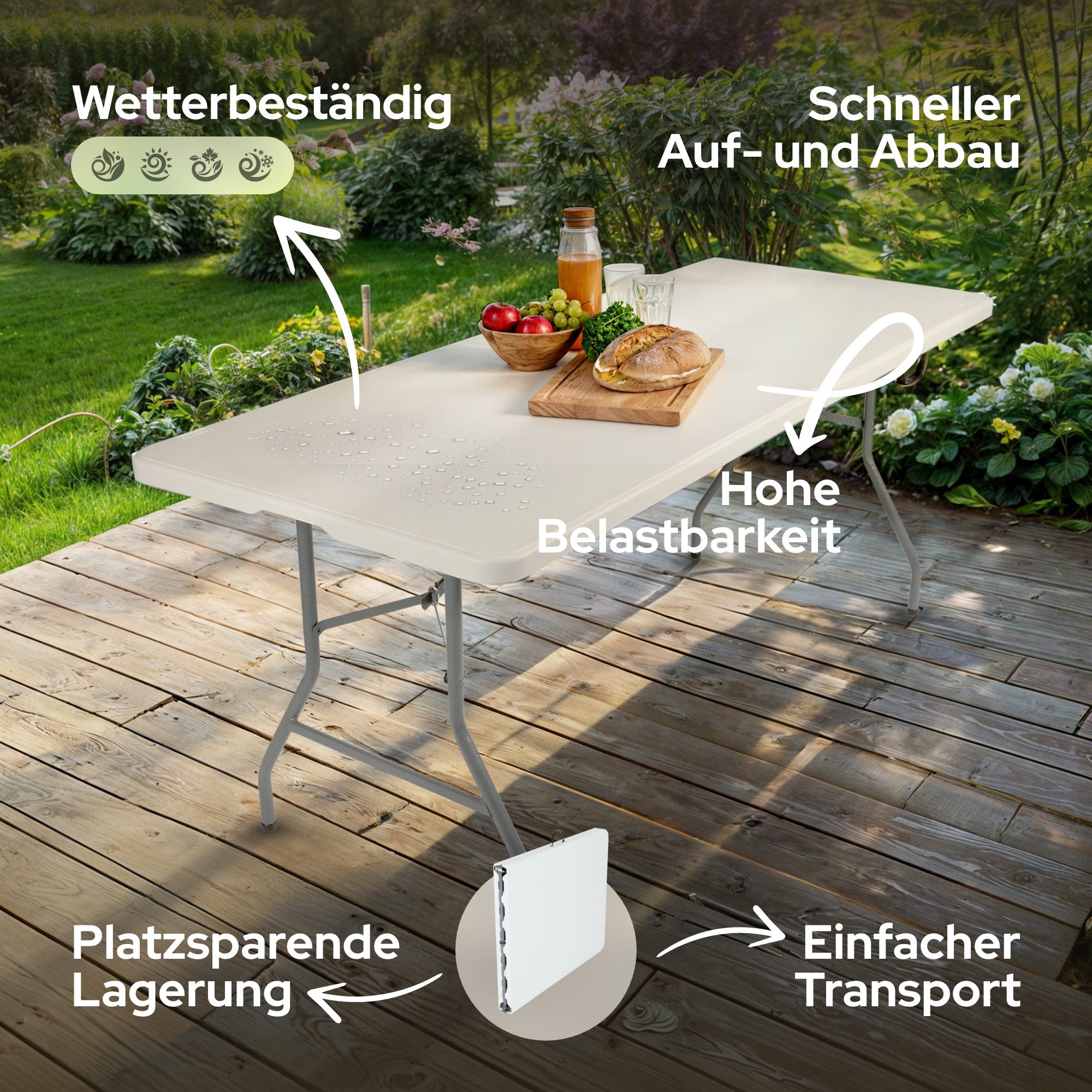 Arebos Klapptisch 182 cm, klappbar für Garten, Camping, Buffet, bis 150 kg, Einfach auf- und abzubauen – keine Werkzeuge nötig