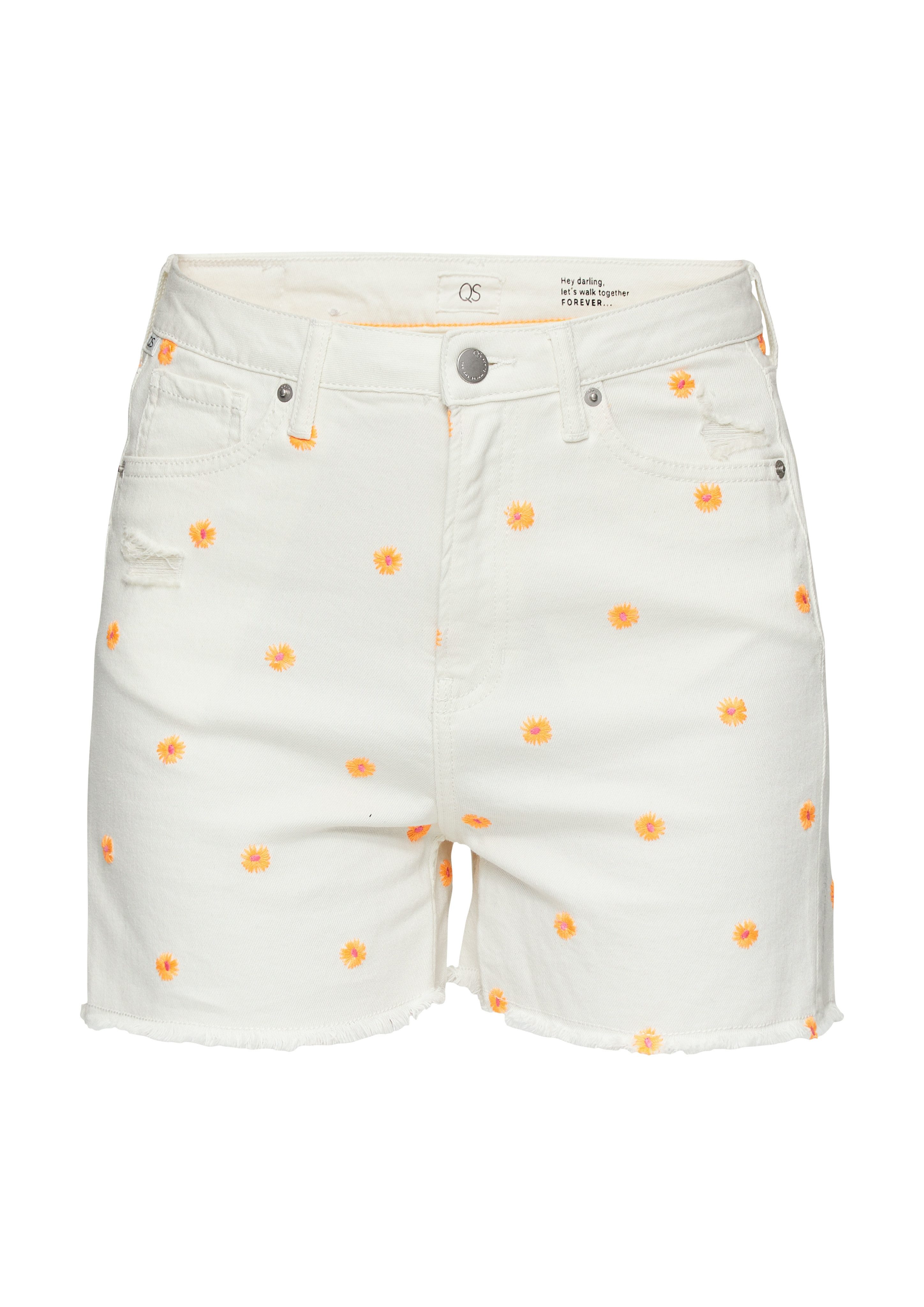 QS Jeansshorts Sommerhose mit floraler Minimal-Stickerei
