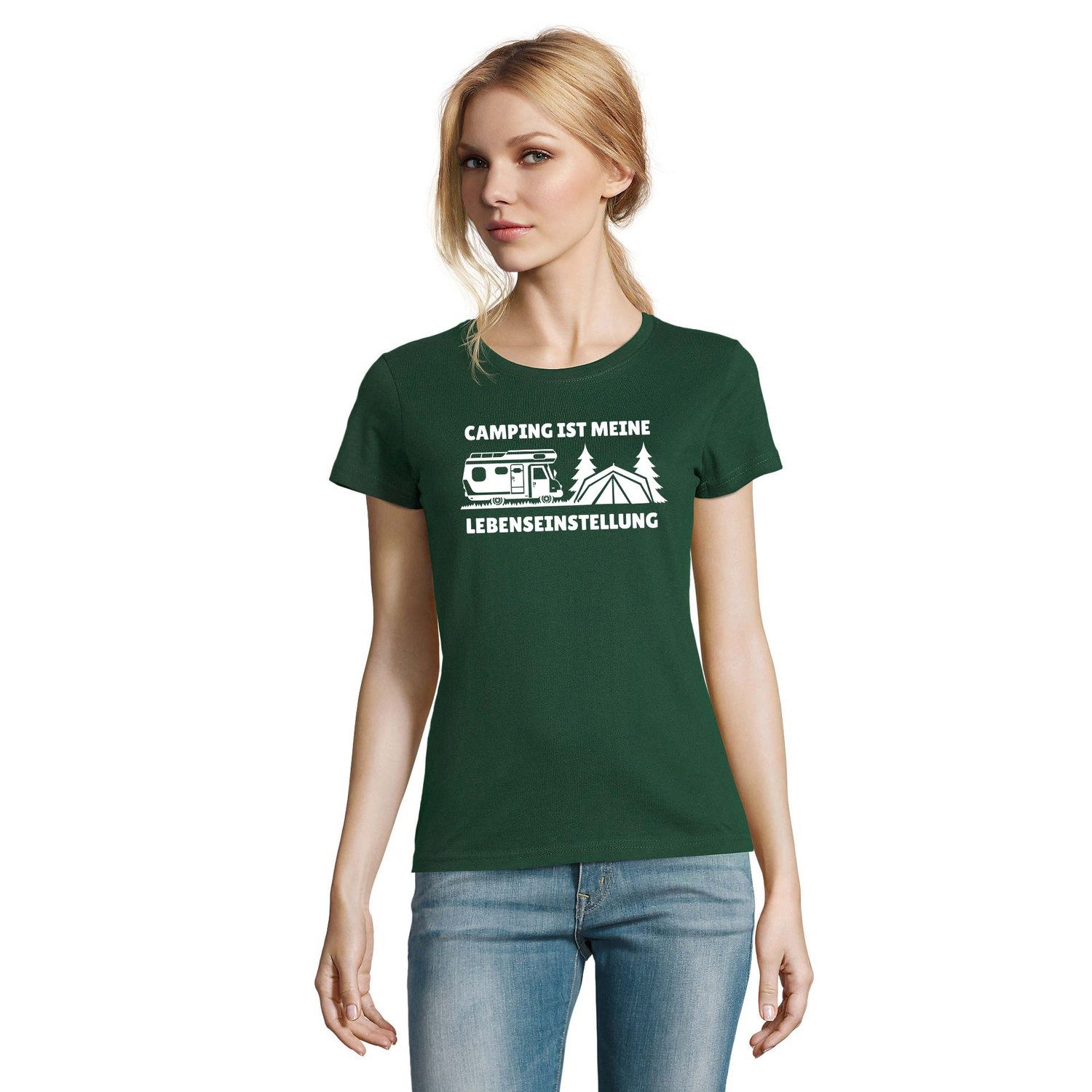 Blondie & Brownie T-Shirt Damen T-Shirt Wohnmobil Zelt Print Camping Urlaub Campervan Bekleidung (Einzelstück, Einzelartikel) Camping Leben Campervan Print Shirt