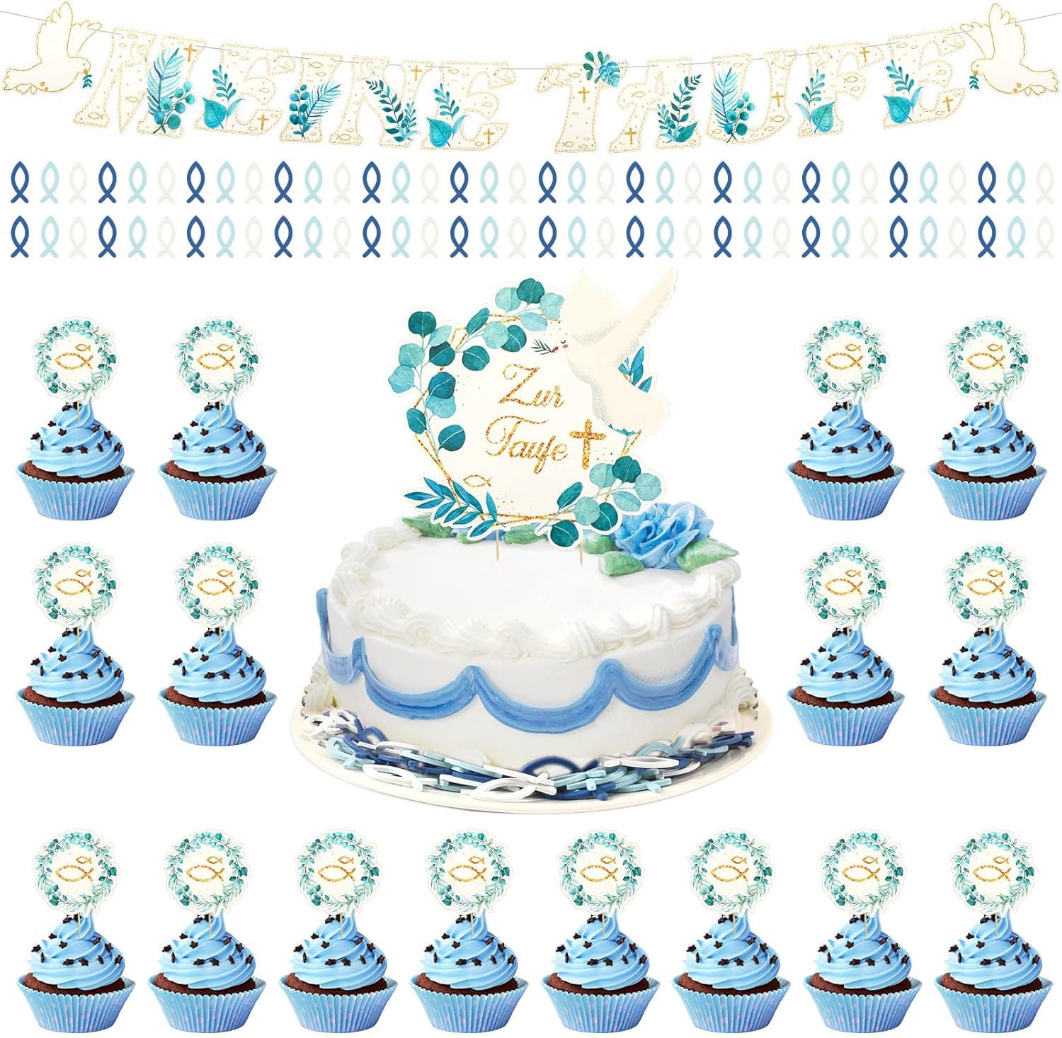 FELIXLEO Tortenstecker Taufdeko Junge Set Girlande Meine Taufe Tischdeko Cupcake Topper, (1-tlg)