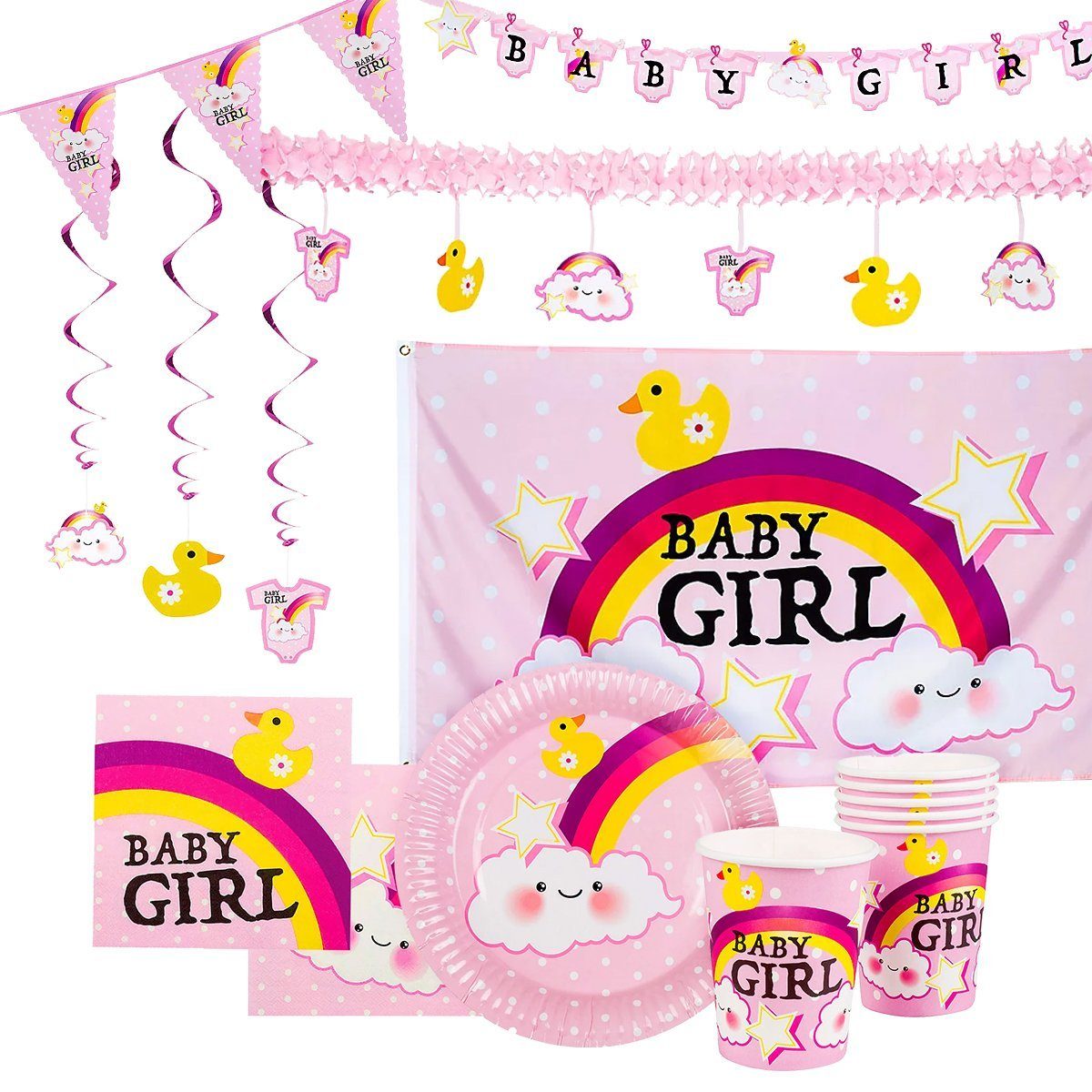 Party Polyester, 31-teilig, Deko Set Babyshower Pappe, bestehend 31 Deko Set Girl PVC, aus Girl Einzelteilen. Süßes Einweggeschirr-Set Metamorph Party PET, Baby Papier,