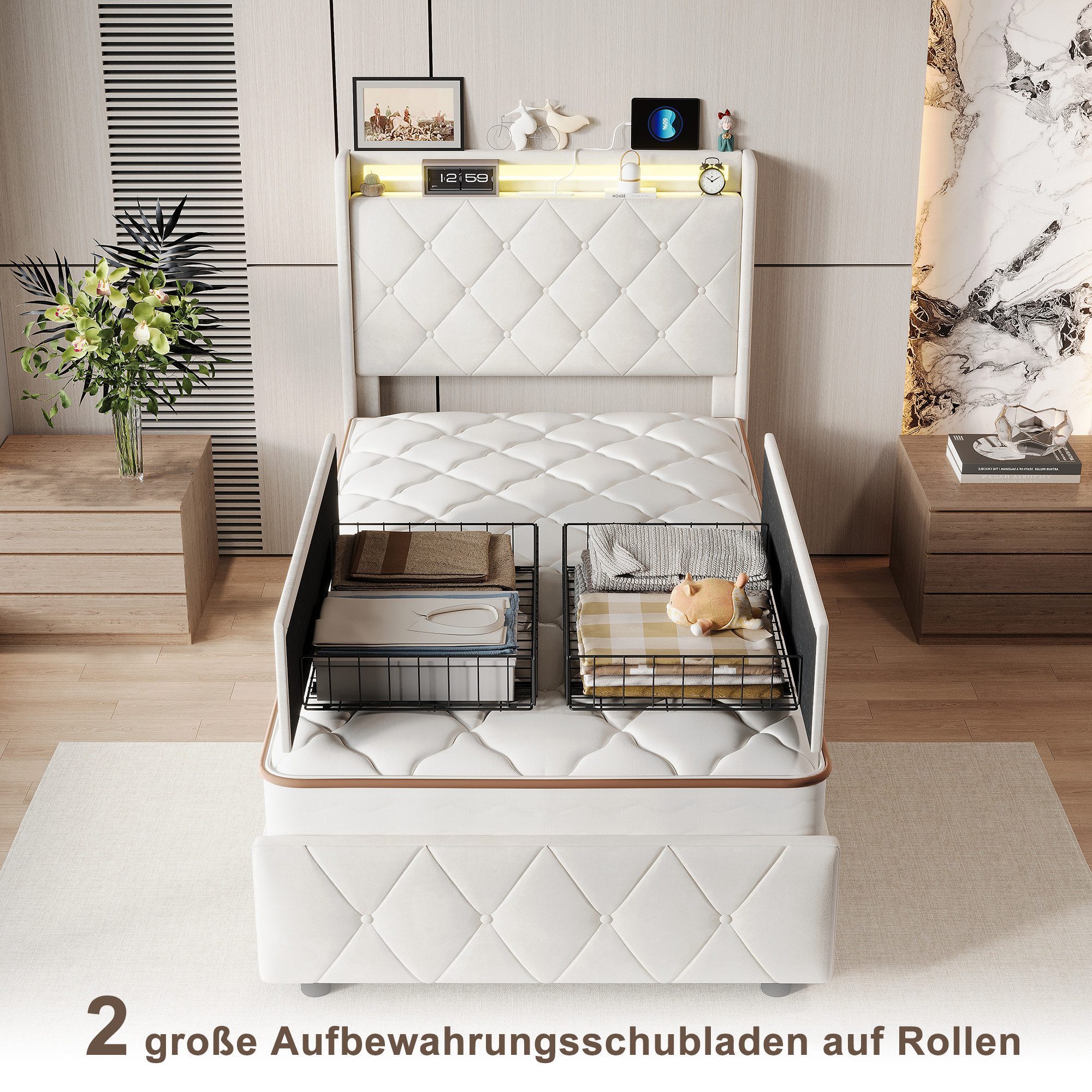 PXloue Polsterbett Led Doppelbett (1-tlg., Modernes Jugendbett, Leises Design Bett, Samtmaterial Polsterbett), Mit LED-Beleuchtung und Ladefunktion, Belastbarkeit 300 kg