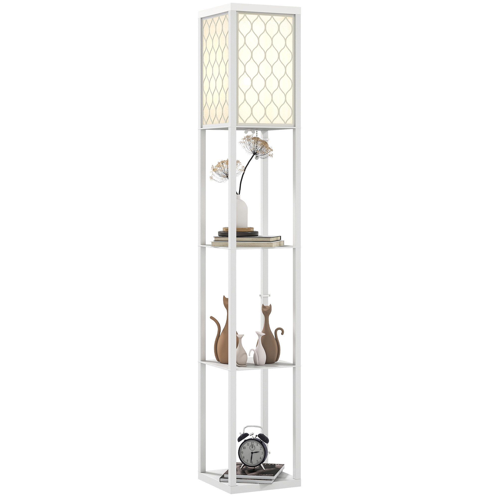 HOMCOM Stehlampe mit Regal, Ein-,Ausschalter, ohne Leuchtmittel, Warmweiß, 3 Fächer Stauraum, Weiß