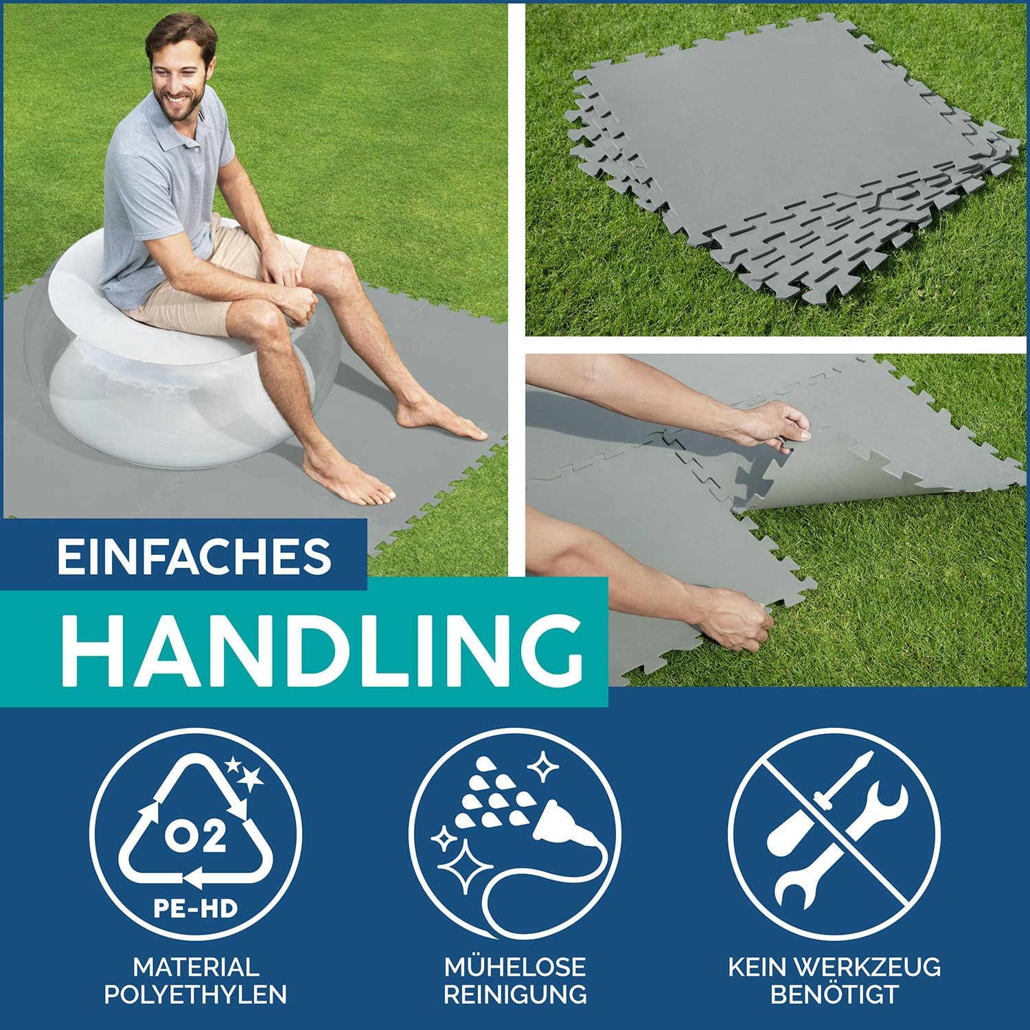 Bestway Pool-Bodenschutzfliese Pool-Bodenschutzfliesen Set XL-Pack 18 Stück á 50 x 50 cm, 4,5 m², Grau, idealer Schutz für Pool & Rasen