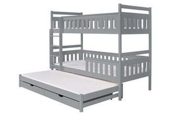 Deine Möbel 24 Etagenbett Hochbett Kinderbett KEV für 3 Kinder 90x200 Aschgrau (3-St., Funktionsbett mit Rausfallschutz, Lattenrost und Bettkasten), aus Kiefernholz Massivholz in 2 Einzelbetten umbaubar mit Ausziehbett