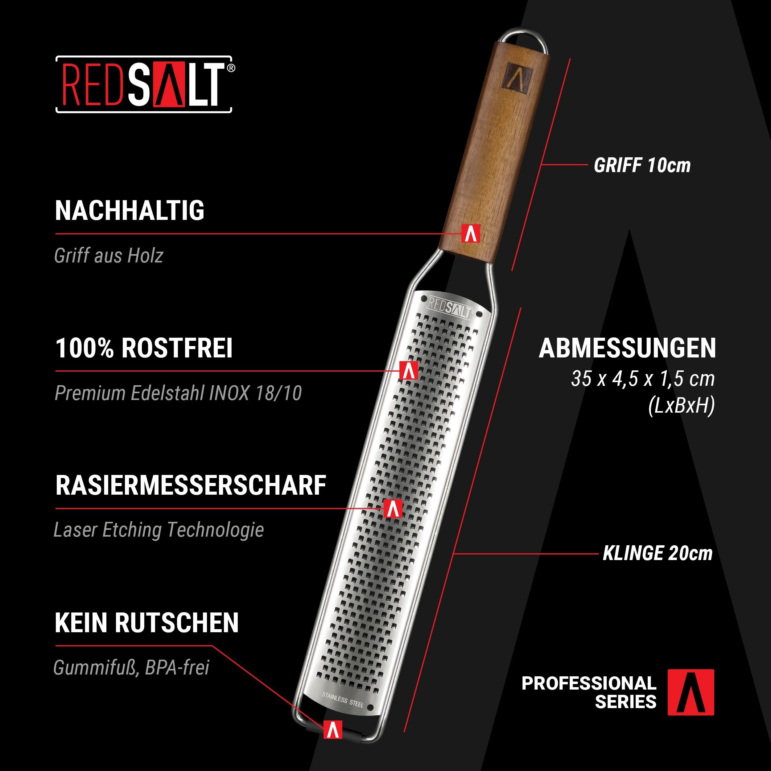 Klinge feinen Qualität Reibe, Zester Feine rasiermesserscharf Zester Abrieb, in mit INOX rostfreie 18/10 Holzgriff Edelstahl Reibe Küchenreibe REDSALT®