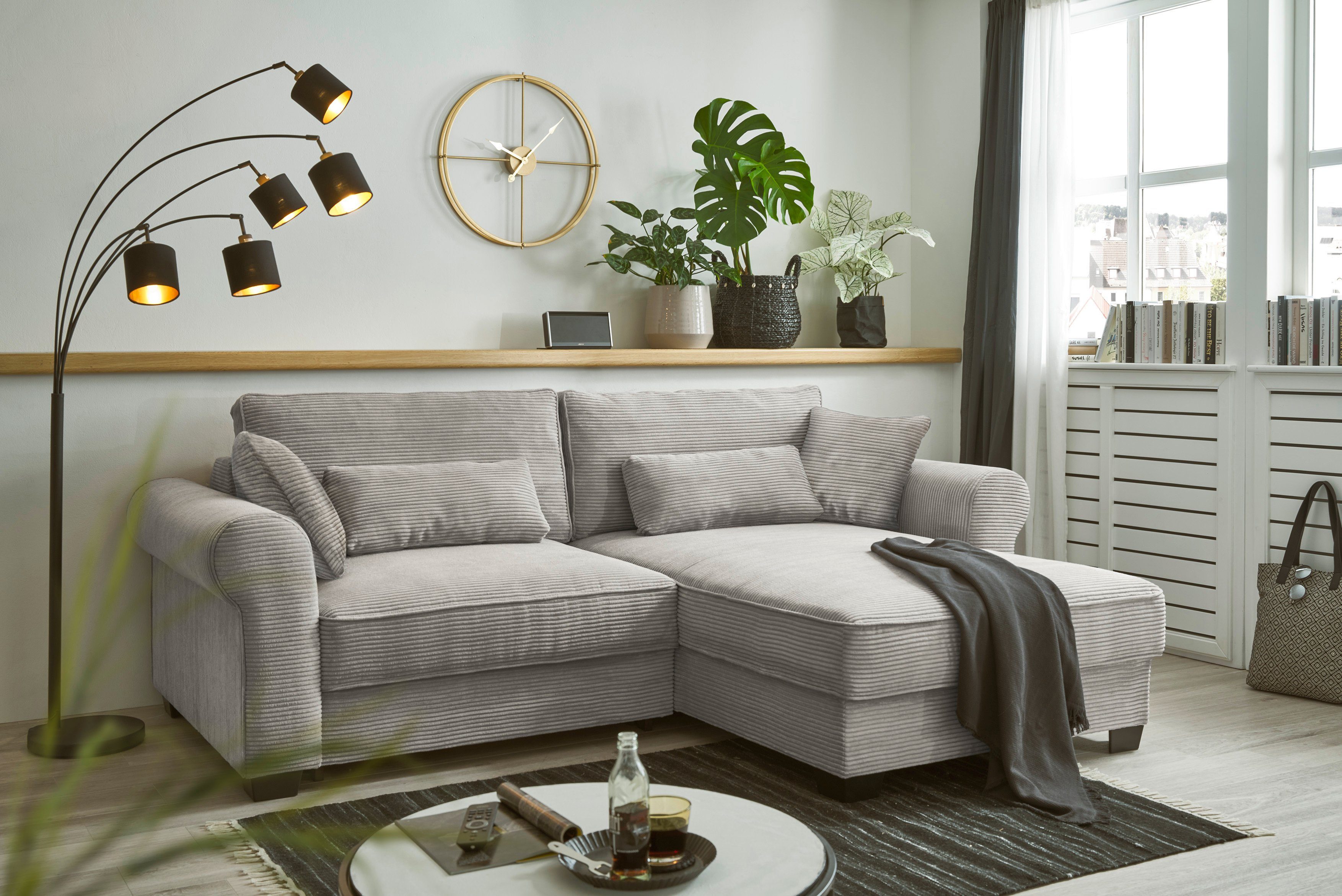 ED EXCITING Ecksofa Bettkasten, Zierkissen grau Angelina, Rücken-, mit sowie Nieren- DESIGN und Bettfunktion und