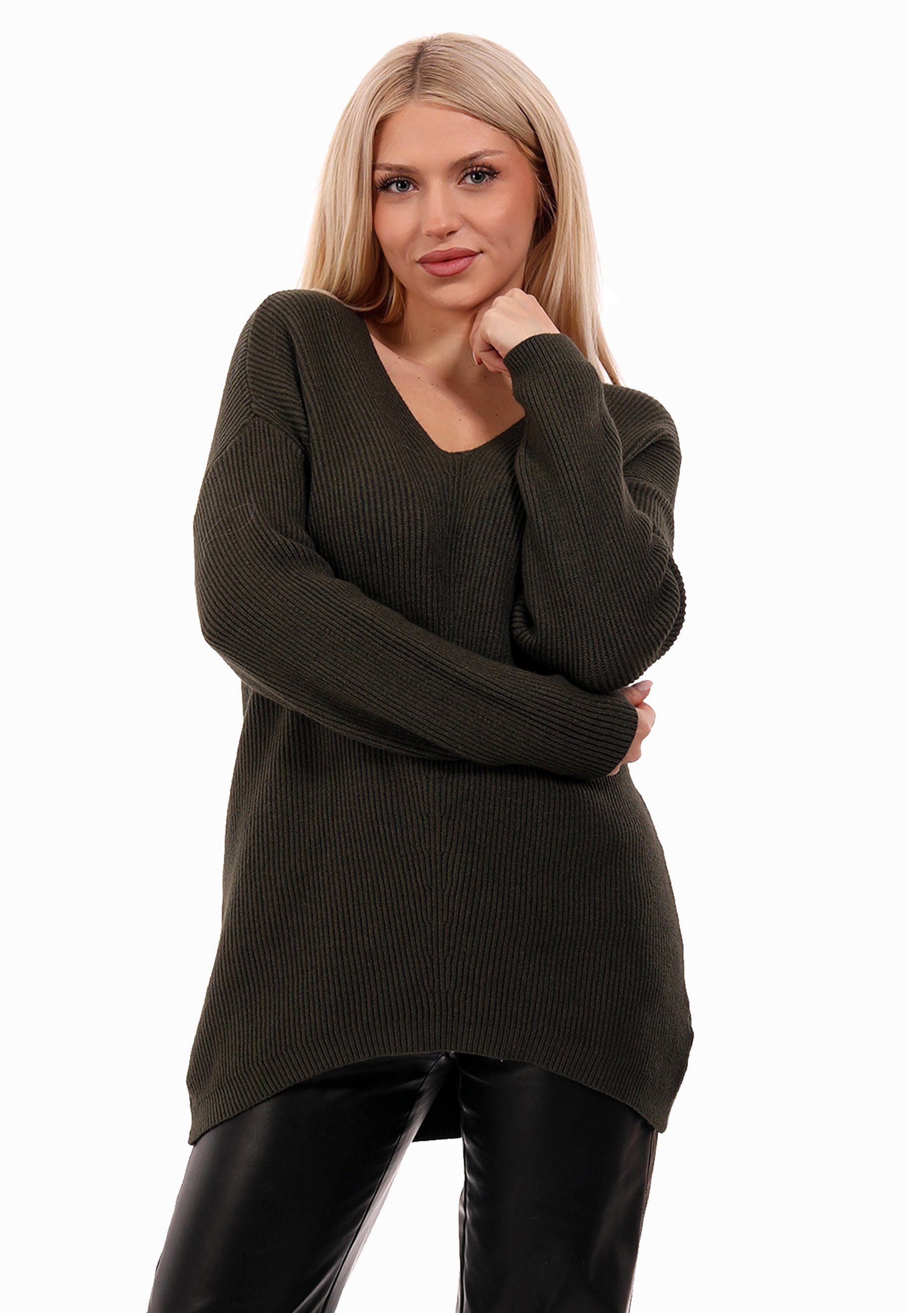 Fashion One V-Ausschnitt (1-tlg) Style Pullover Unifarbe & YC in mit khaki Size Strickpullover