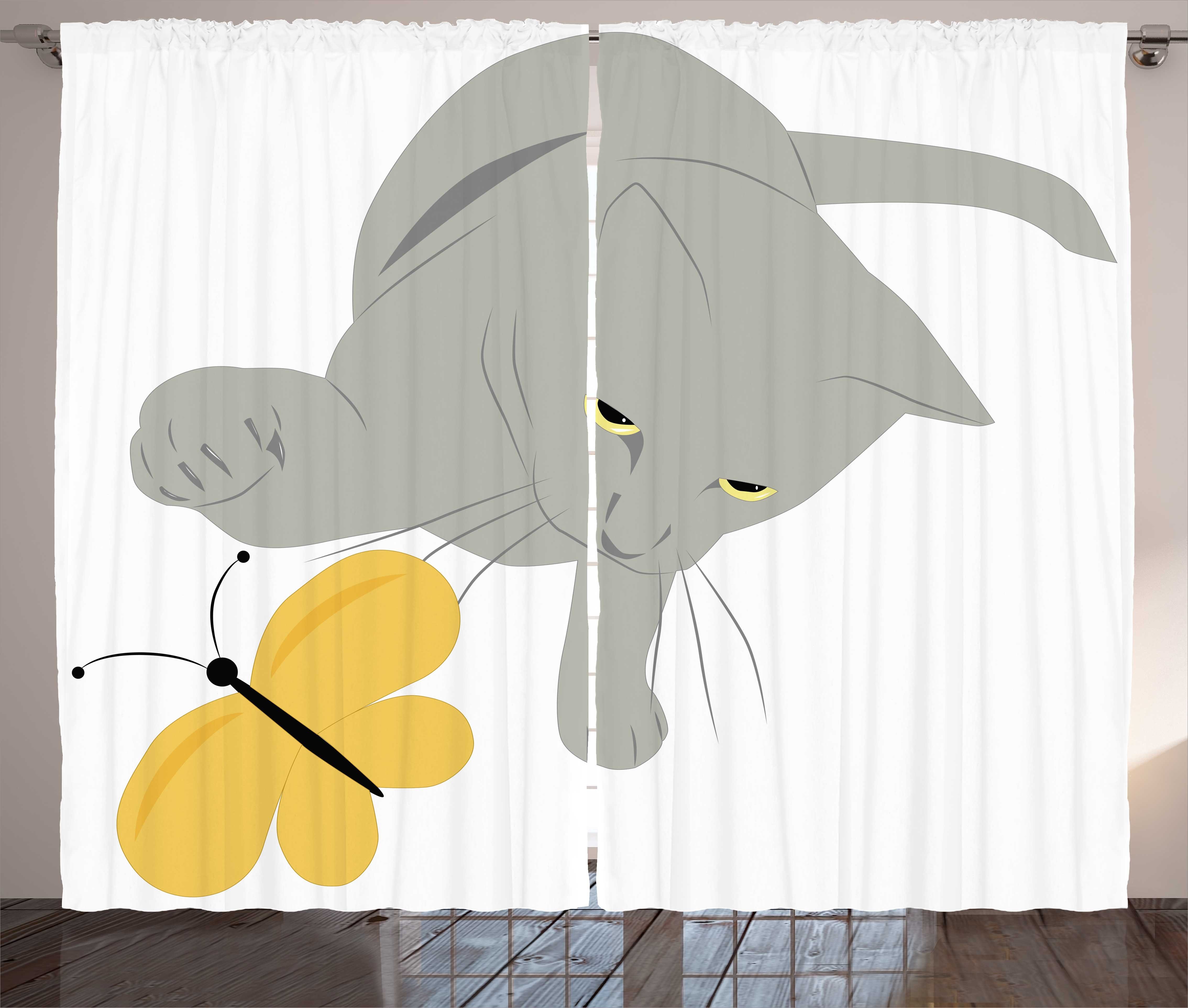 Gardine Schlafzimmer Kräuselband Tier mit Haken, Schlaufen und Vorhang Abakuhaus, Katzen-Gelb-Motte