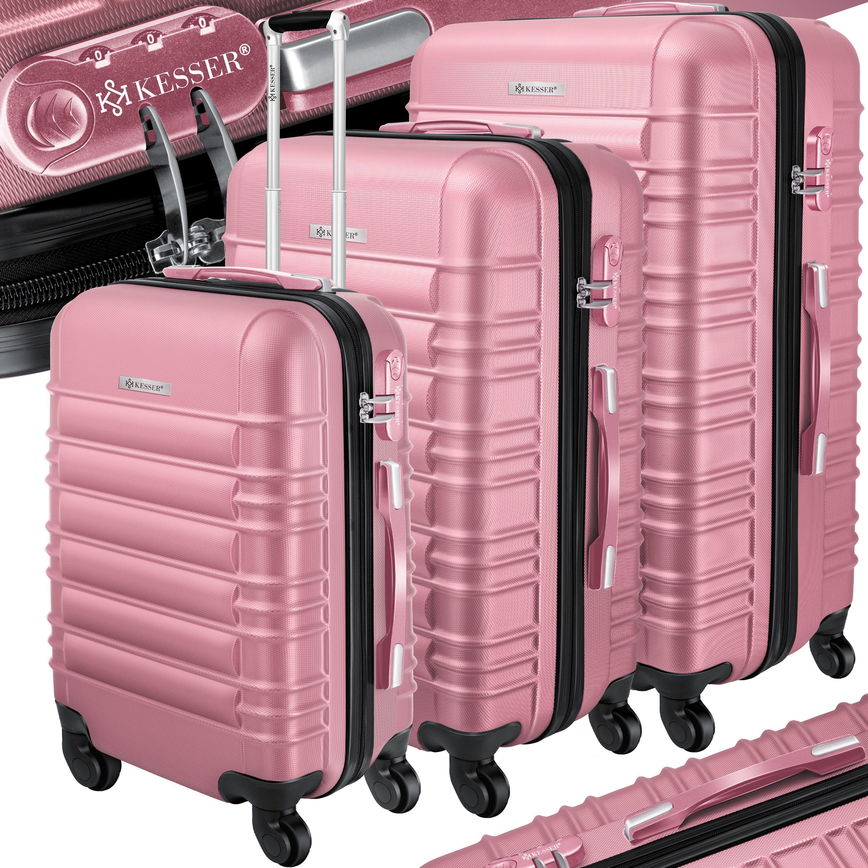 KESSER Kofferset, 4 Rollen, (3 tlg), 3tlg. Hartschalenkofferset Hartschalenkoffer Reisekoffer Set rosa