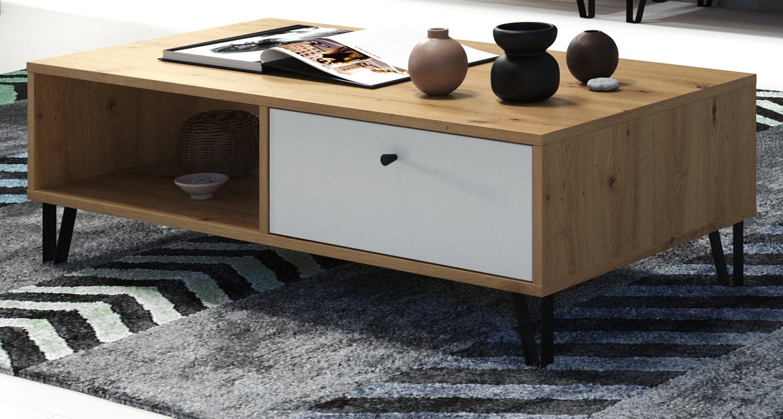 Furn.Design Couchtisch Tough (Wohnzimmer Tisch Eiche Artisan und weiß, 110 x 60 cm), mit Schubladen und Stauraum