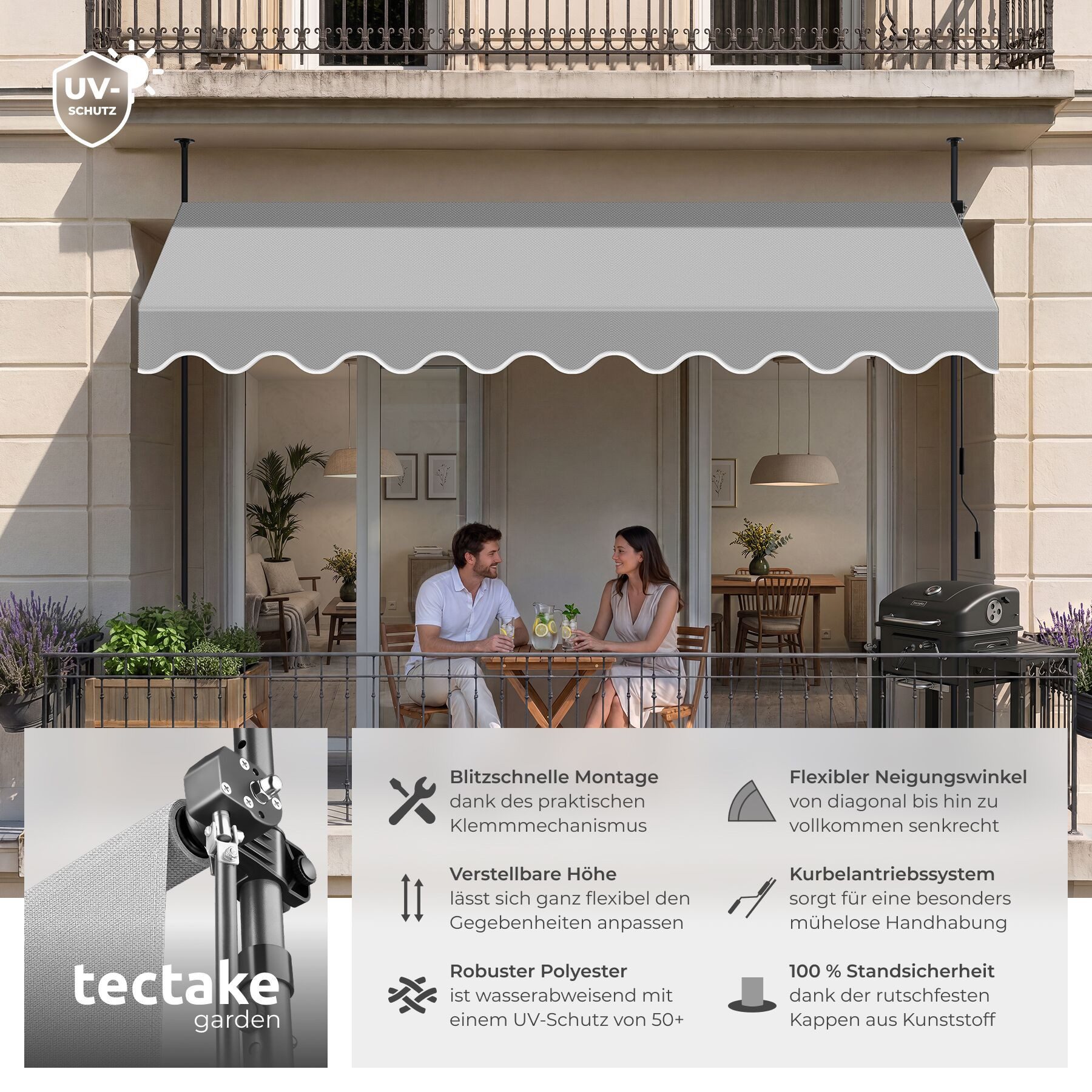 tectake Klemm-Senkrechtmarkise Klemmmarkise mit Handkurbel und bis 90° neigbar, UV-beständig (Sichtschutz/Sonnenschutz, Balkonmarkise für Terrasse und Garten, i – Bild 2 von 5