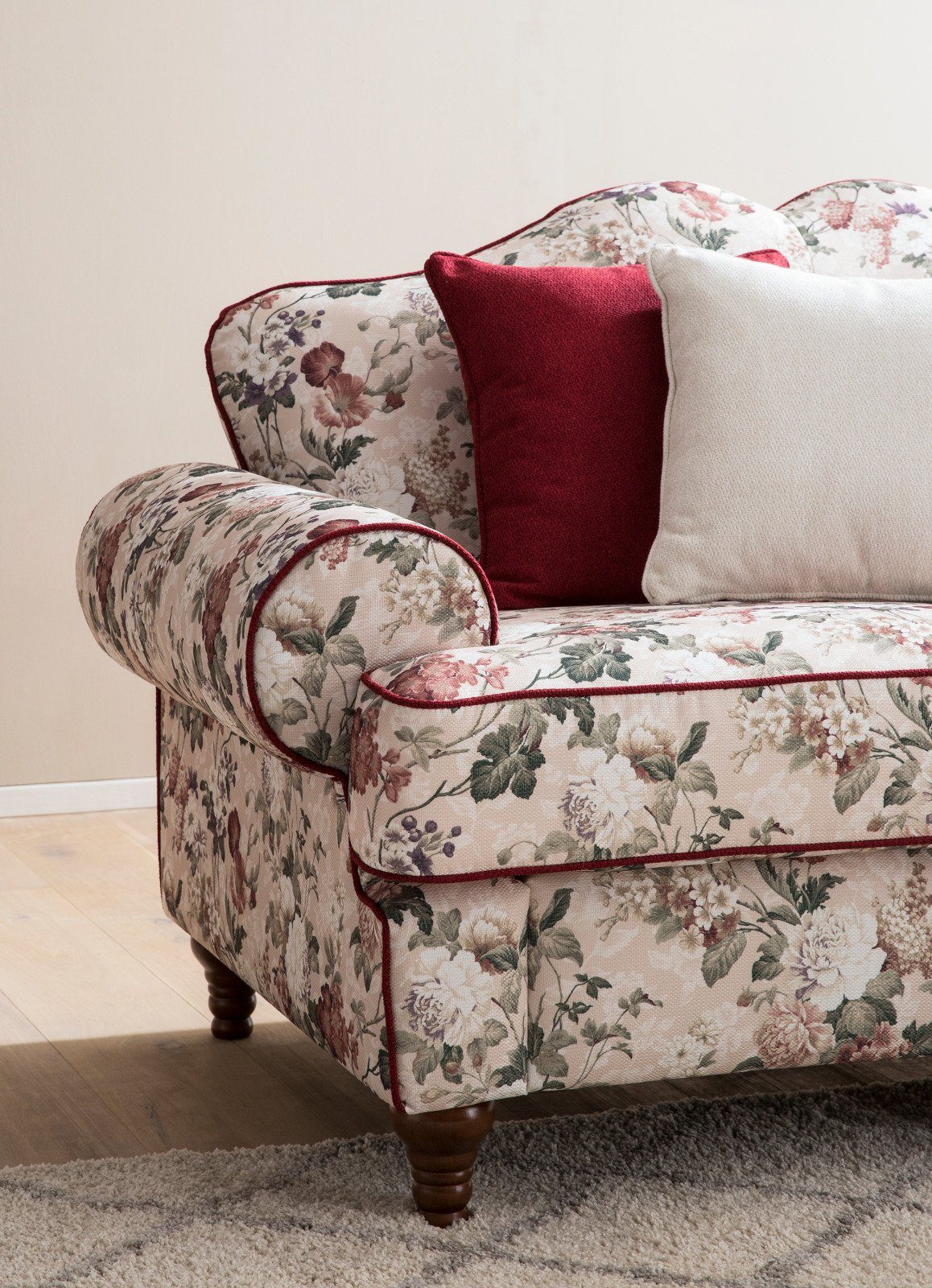 Furn.Design Sofa Elita, 3,5-Sitzer in beige mit Blumenmuster, Landhausstil, mit Bonell Federkern