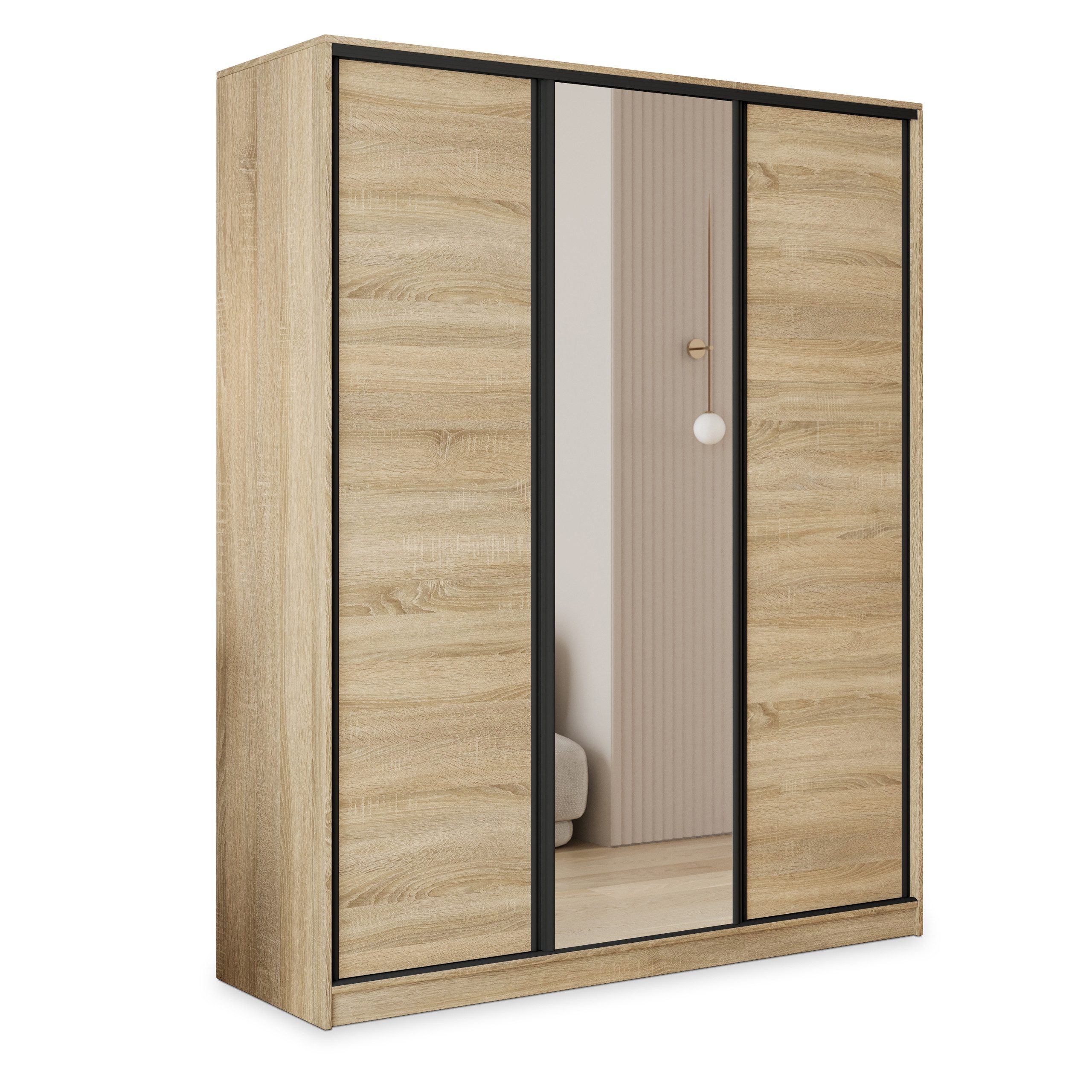 Masseno Schwebetürenschrank TARI 150 cm Kleiderschrank mit Spiegel 3 Türen Eiche Sonoma
