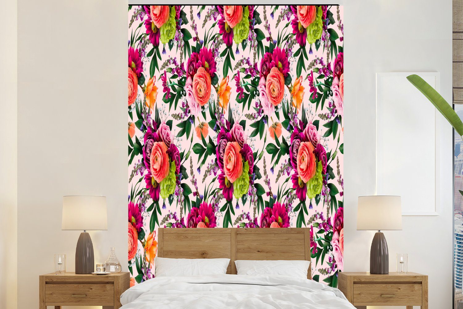 MuchoWow Fototapete Blumen - Muster - Farben, Matt, bedruckt, (3 St), Montagefertig Vinyl Tapete für Wohnzimmer, Wandtapete