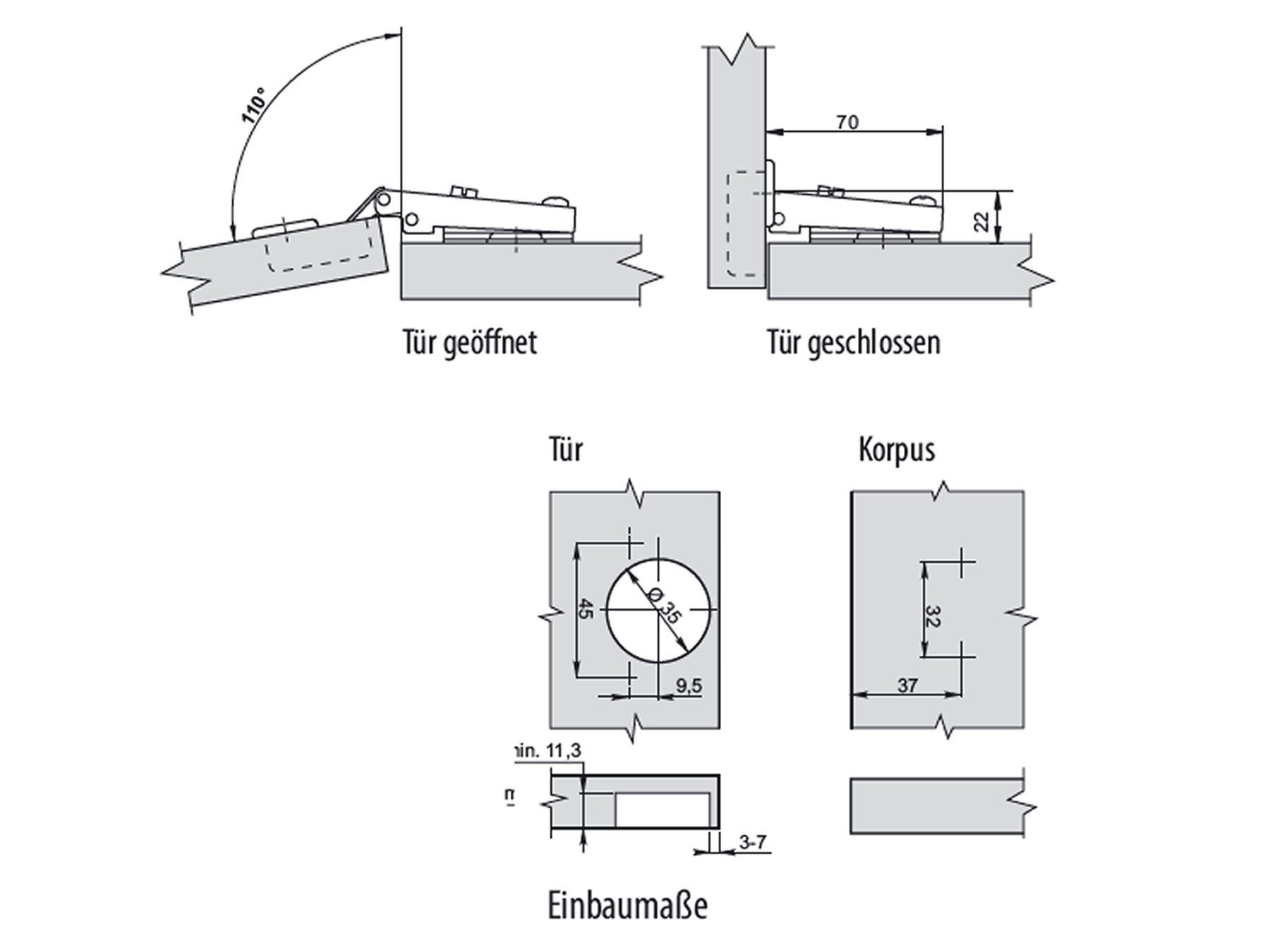 SO-TECH® Möbelbeschlag Topfband Clip (federlos) (1 TIP-ON St), + Kreuzmontageplatte für 110° Eckanschlag