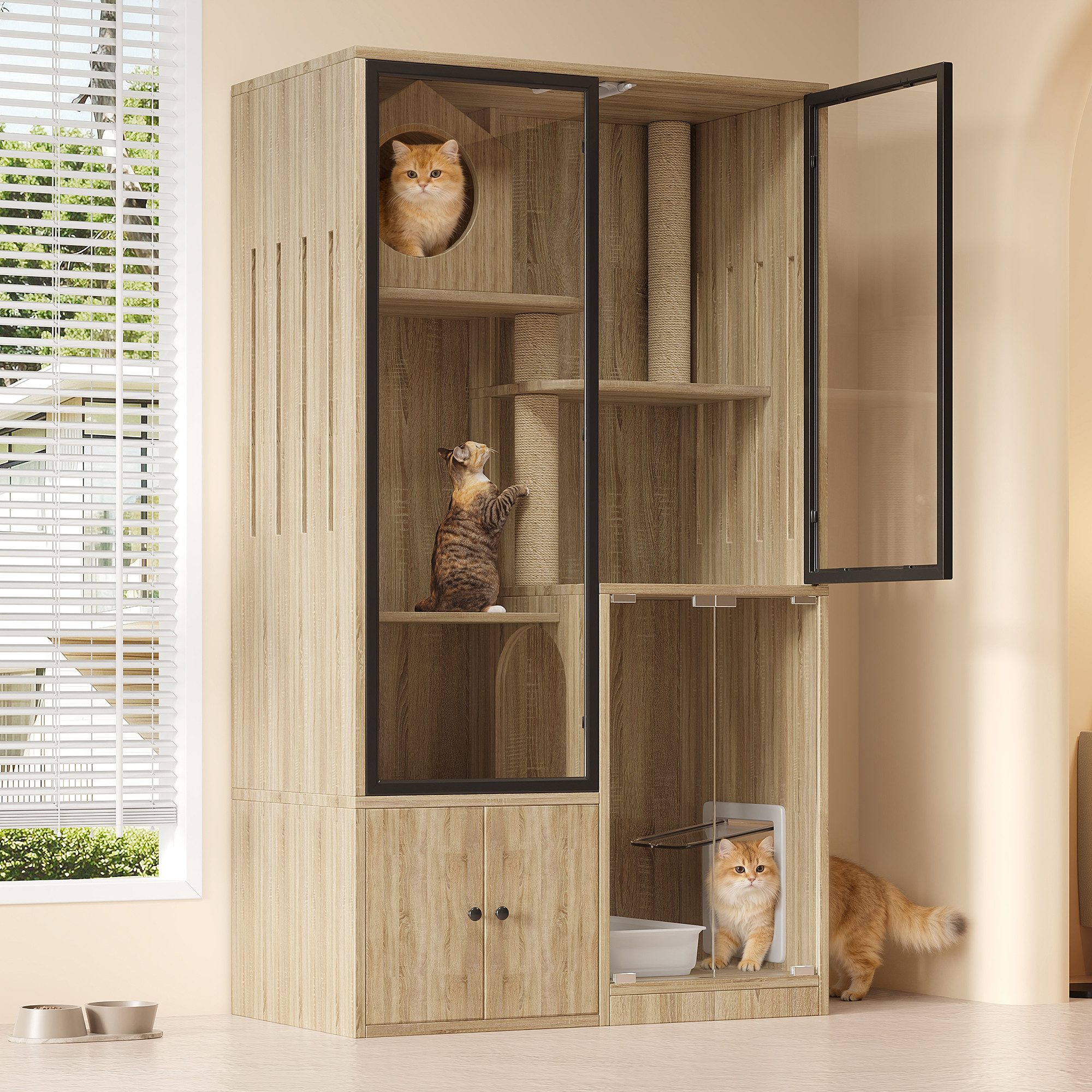 Flieks Katzenhaus Katzenvilla mit vierstockiger großer Katzenzaun, Tierhaus mit Kratzpfosten und Glastüren Katzenkäfig Holzoptik