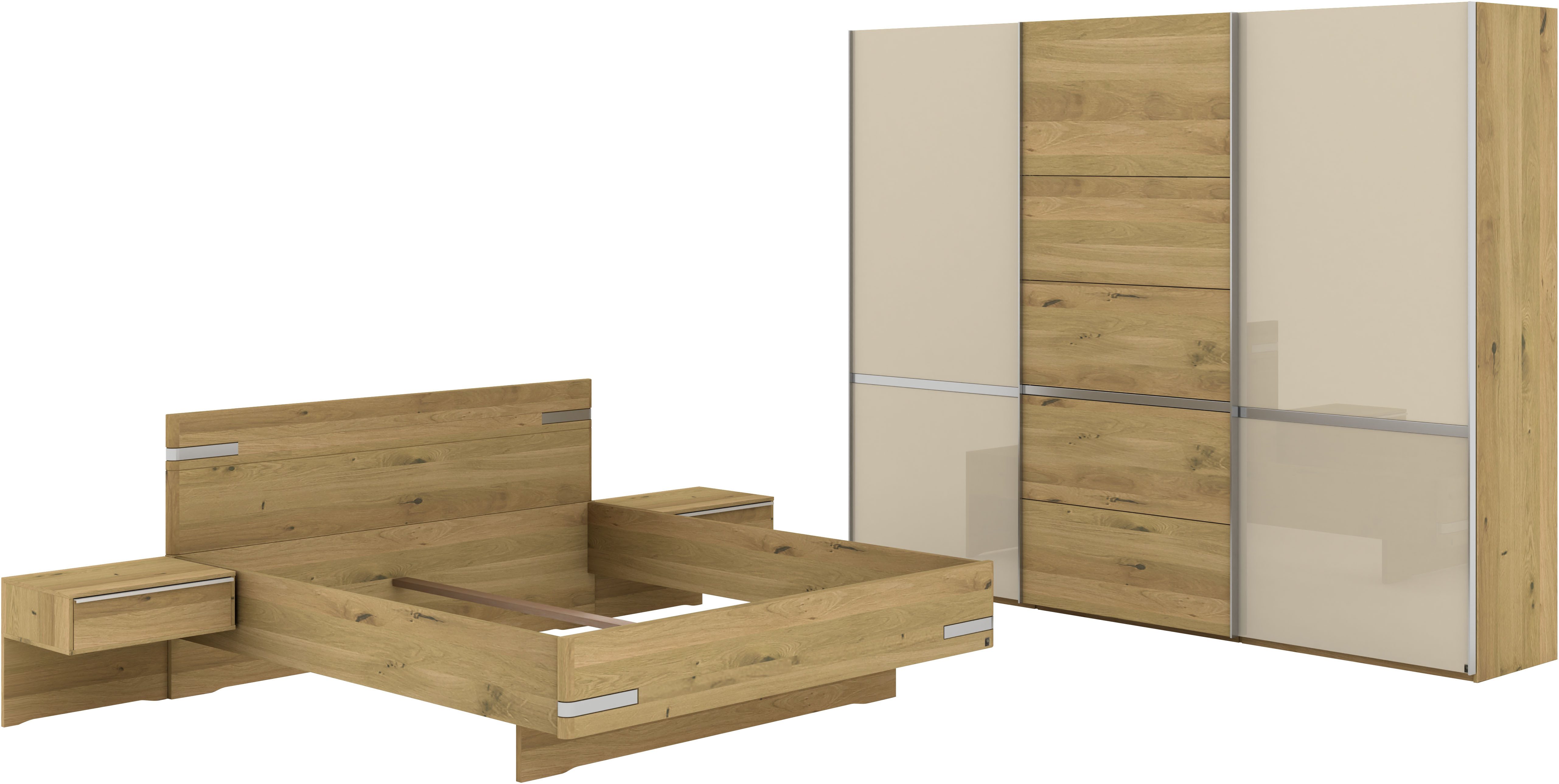 Musterring Schlafzimmer-Set Savona, Kleiderschrank, Bett & Nachtkommoden, teilmassiv Bianco-Eiche, (2er-Set Nachtschränke, Schwebetürenschrank, Bett 180x200 cm), Eiche- und Glastüren, Kopfteil Eiche, Konsolen Glasfront, Höhe 236cm