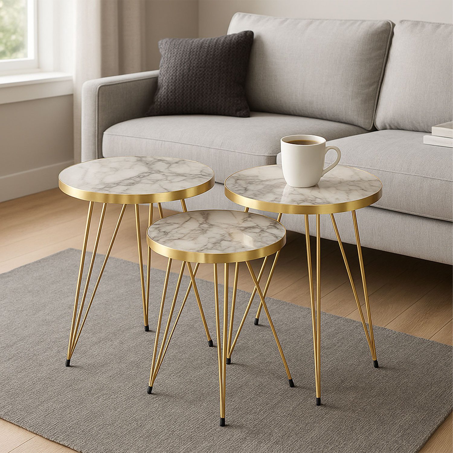 Jungengel Beistelltisch Set 3-teilig rund Marmoroptik Weiß Gold Retro Moder günstig online kaufen