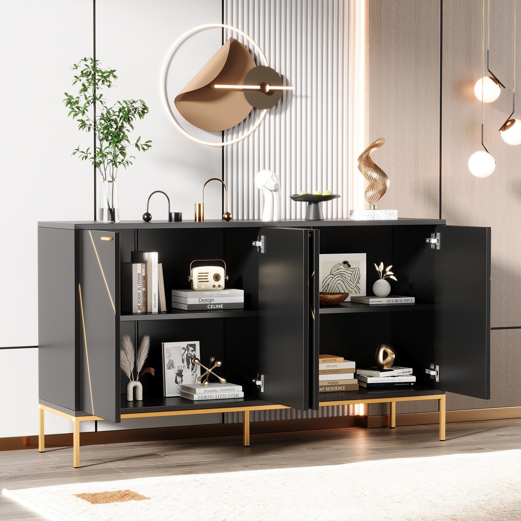 IDEASY Sideboard Schwarz-Gold Sideboard mit 4 Türen & Metallfüßen