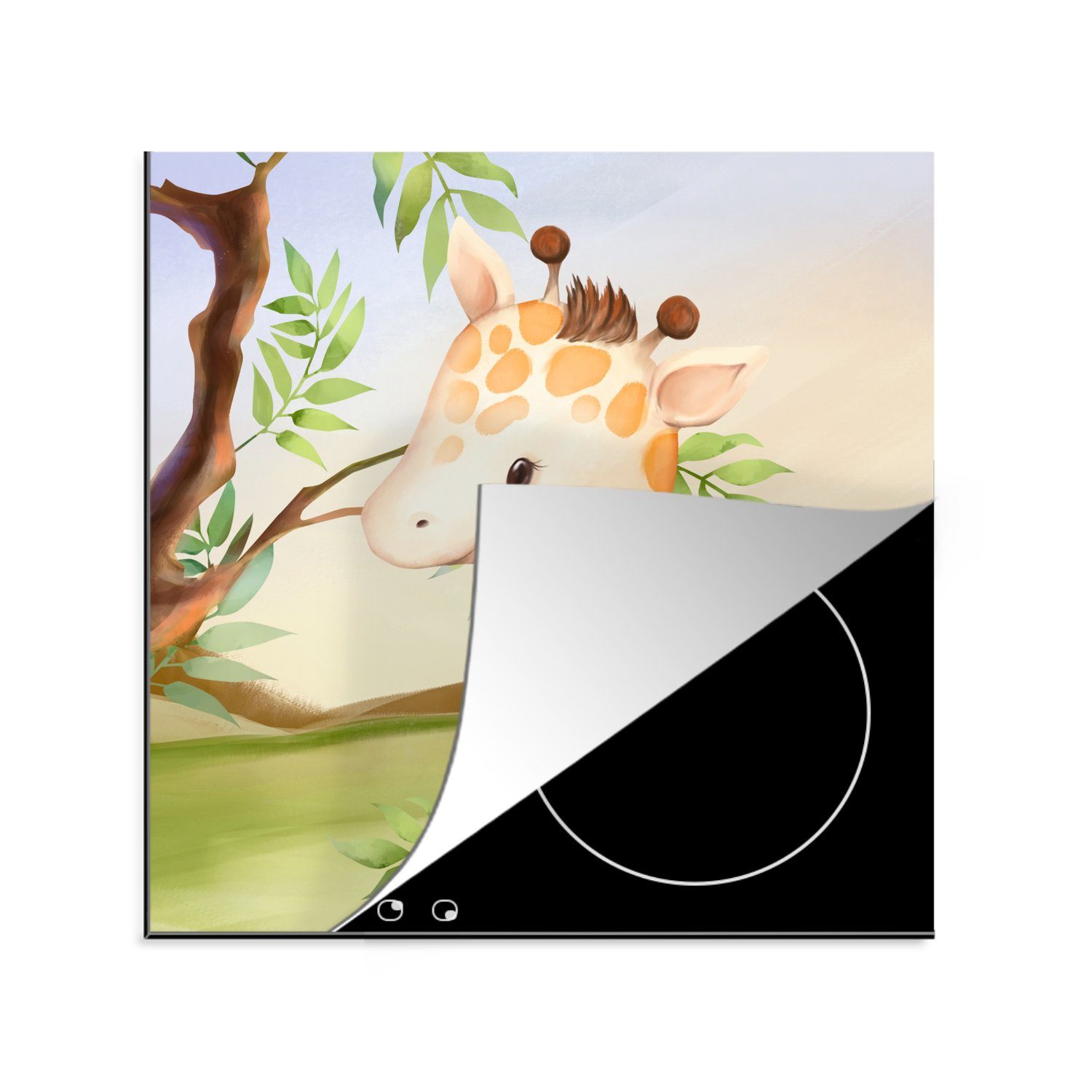 MuchoWow Herdblende-/Abdeckplatte Dschungel - Giraffe - Blätter, Vinyl, (1 tlg), 78x78 cm, Ceranfeldabdeckung, Arbeitsplatte für küche