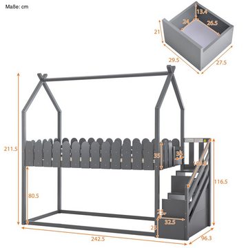 SOFTWEARY Etagenbett mit 2 Schlafgelegenheiten, Lattenrost und Treppe (90x200 cm), Kiefer, Hausbett inkl. Rausfallschutz, Kinderbett