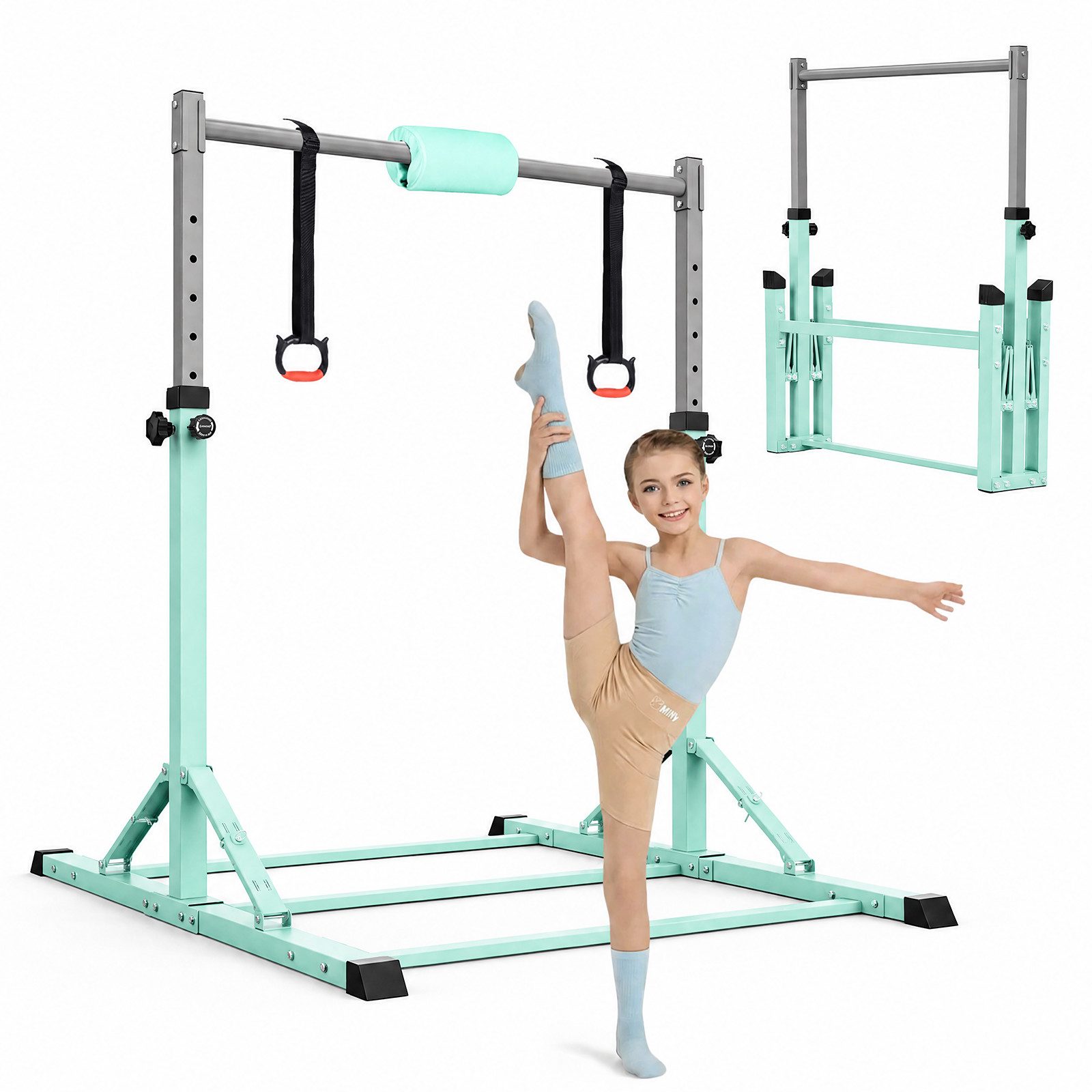 Hausright Turnreck Gymnastikstange Kinder mit Verstellbaren Höhen mit Gymnastikmatte, (Stabilität Turnstange, Reckstange, Matte, Polster & 2 Ringen), 10-Fach höhenverstellbar Indoor & Outdoor Faltbare Kinderturngerät