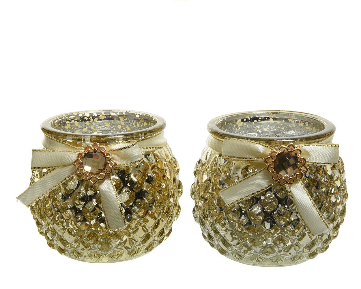Decoris season decorations Teelichthalter, Teelichthalter Glas mit Schleife / Strass 7cm hellgold, 1 Stück sort. | Teelichthalter