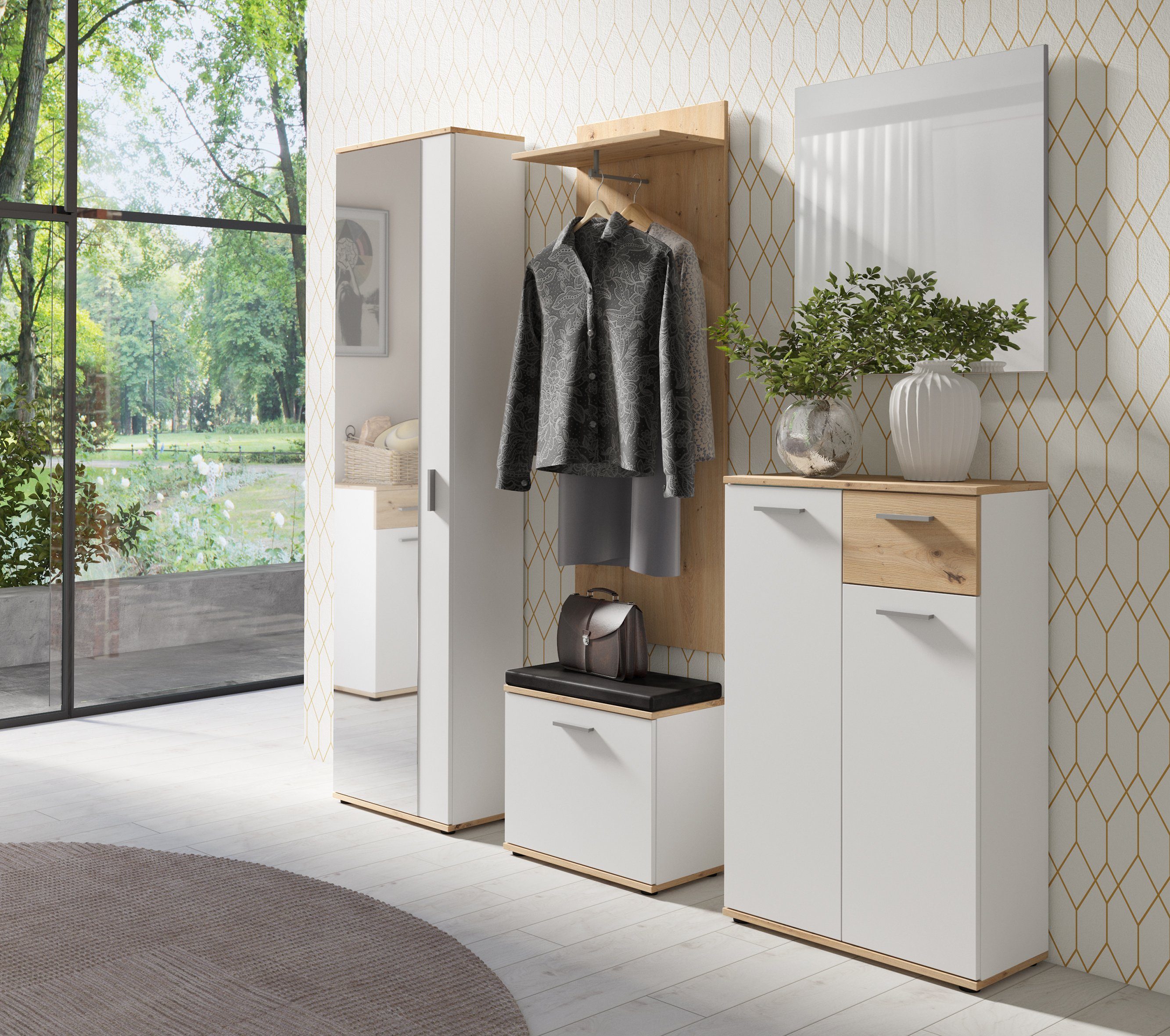 Eiche/Weiß byLIVING mit Breite Spiegel, Artisan Garderobenschrank 49 Jakob cm großem