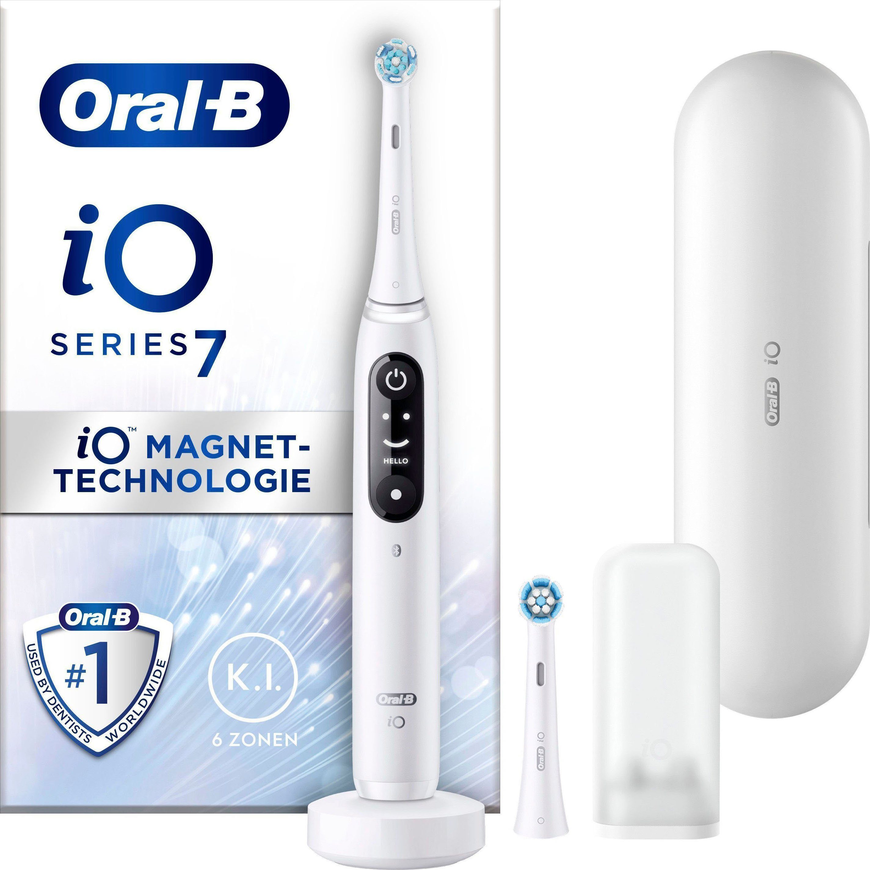 Oral-B Elektrische white 5 Putzmodi, St., iO Zahnbürste 7, Aufsteckbürsten: 2 alabaster Magnet-Technologie, mit Display, Reiseetui