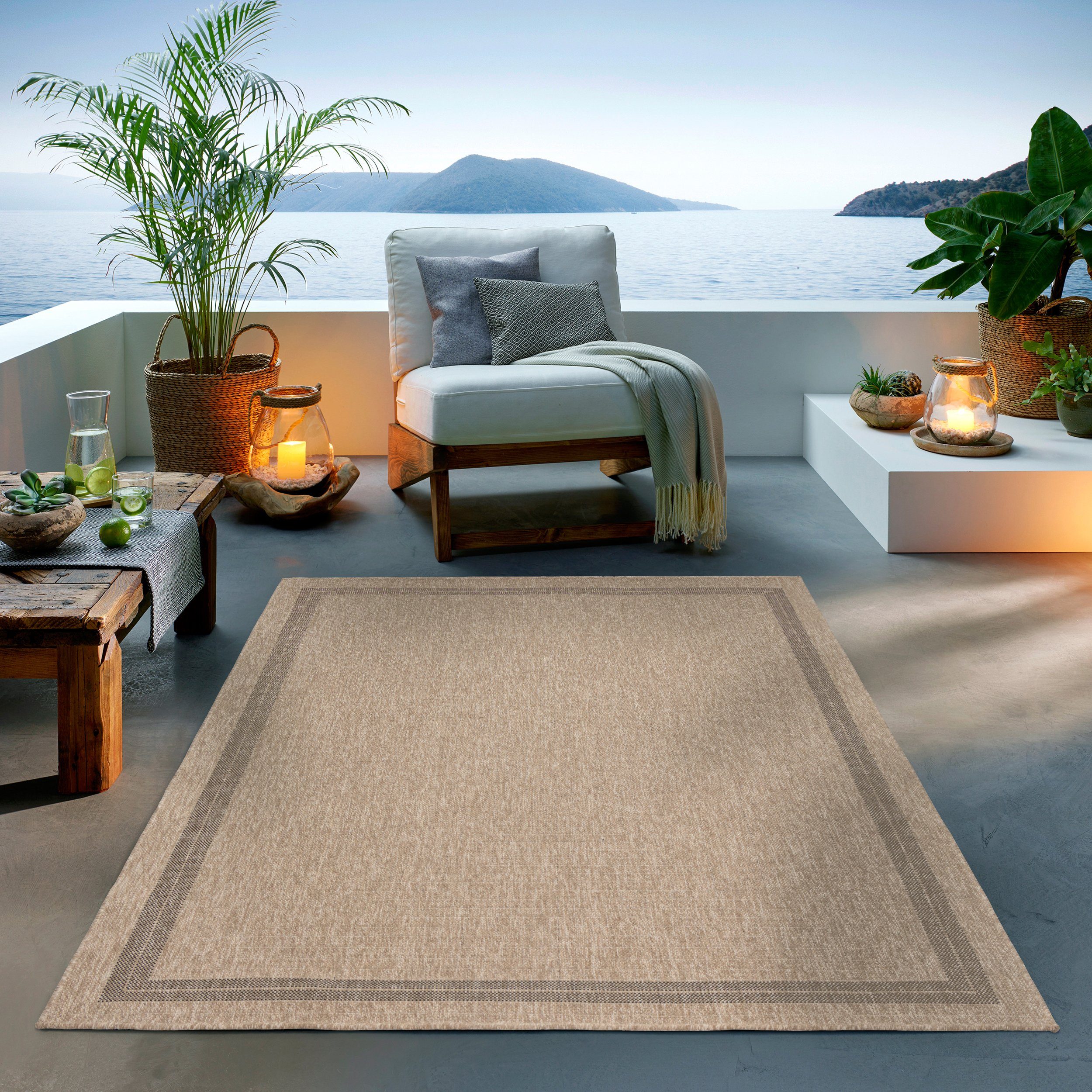 Teppich Outdoor & Indoor Teppich wetterfest Sisal-Jute-Optik, TaCa Home, rechteckig, Höhe: 10 mm, Terrasse Balkon Garten Wohnzimmer Bad Küche, Bordüre A - 240x340cm