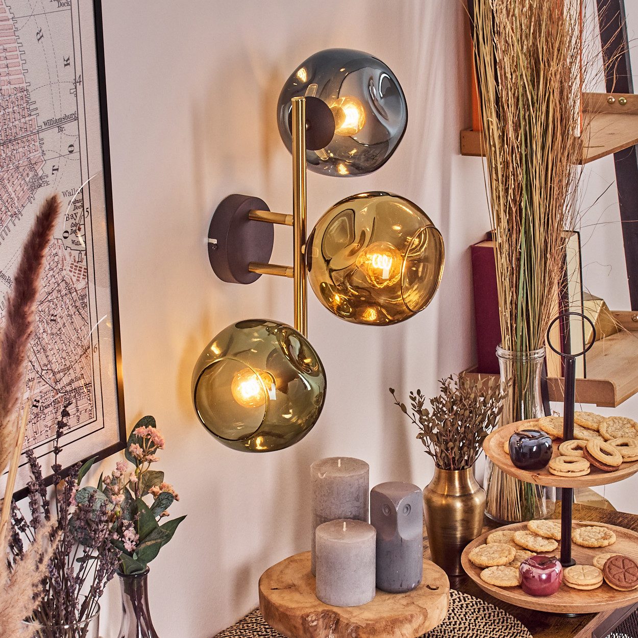 hofstein Wandleuchte Wandlampe aus Metall/Glas in Schwarz/Gold/Blau/Grün, ohne Leuchtmittel, moderne Wandleuchte im Retro/Vintage-Design (Schirme 15 cm), E14