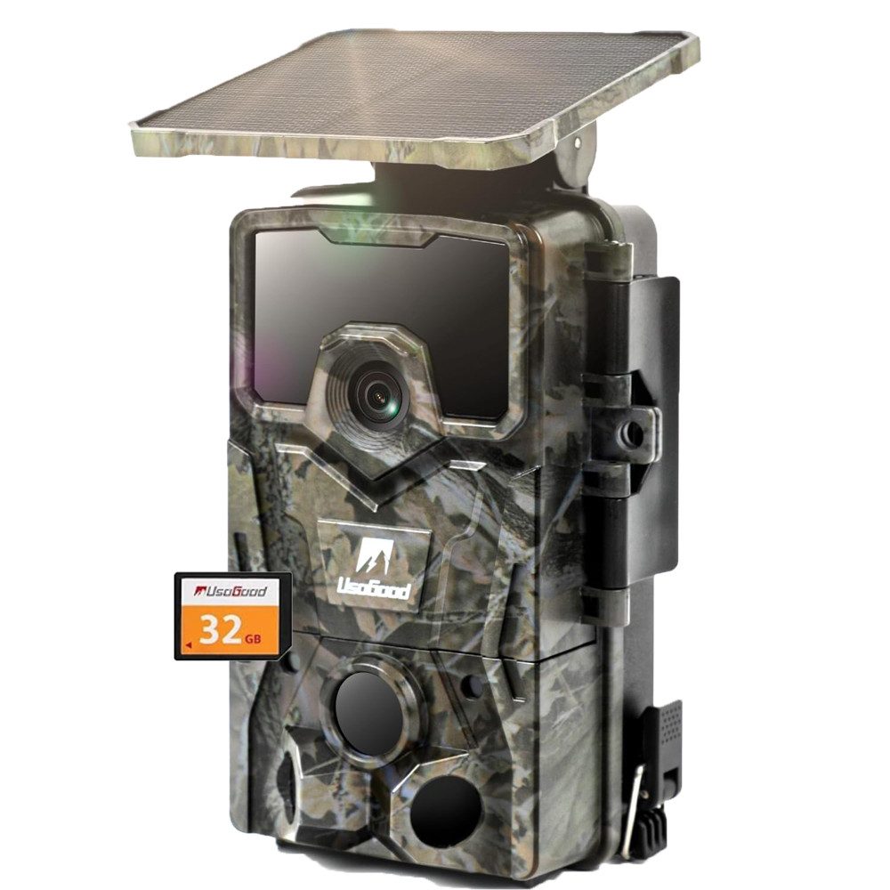 Usogood Wildkamera Solar Wildkamera 4K 48MP Wildtierkamera mit 32GB Karte (Für Garten Haustierüberwachung, Spiele und Trail Outdoor -Sicherhei, Jagdkamera mit 120° Erfassungs Winkel Bewegungsmelder Nachtsicht, 1-tlg., Eingebaute Lithiumbatterie Kein WLAN