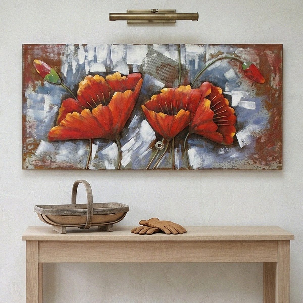 Antikas Wanddekoobjekt Metallbild aus Eisen, 3D-Blumen farbig patiniert im Vintage-Look