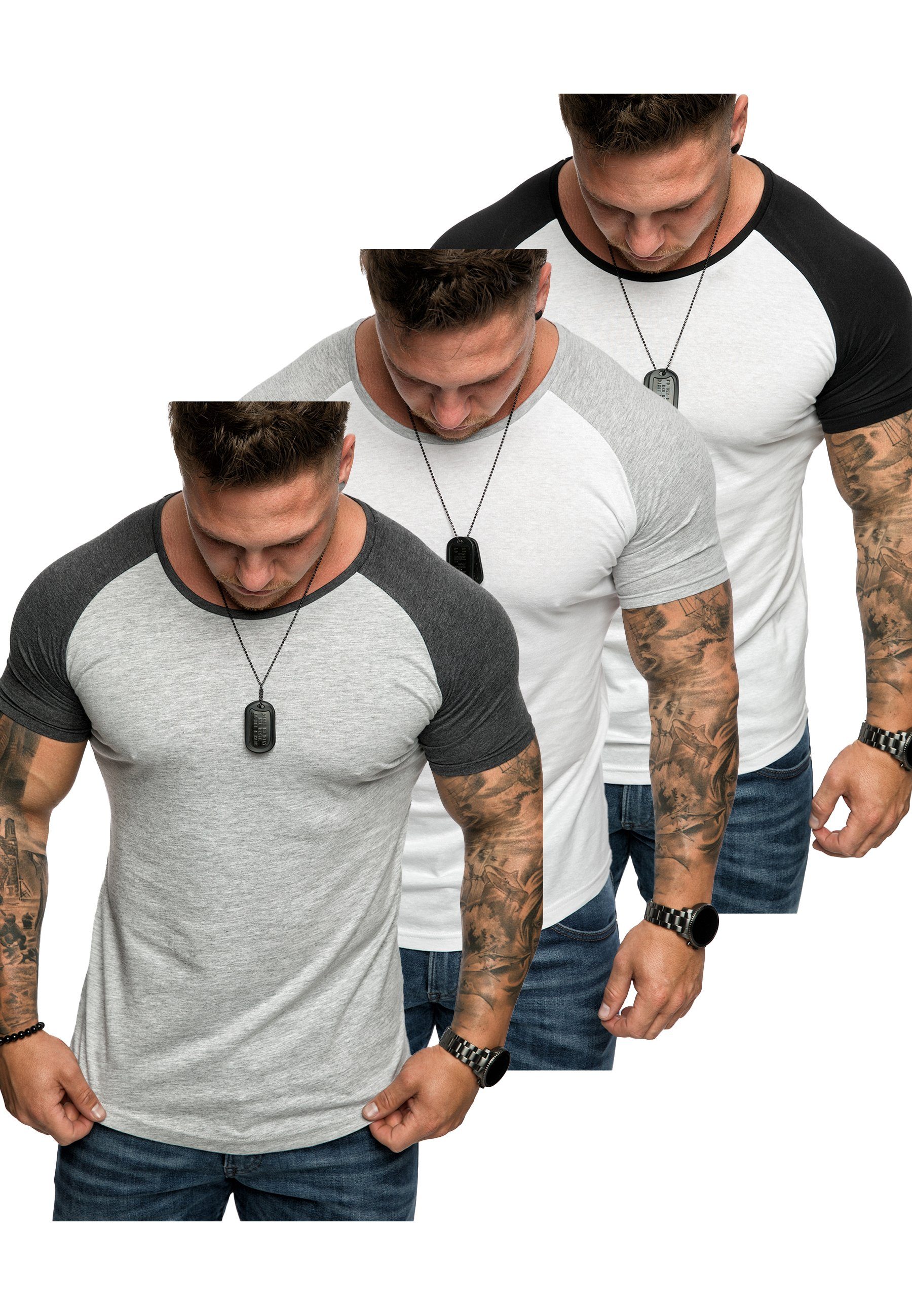 T-Shirt 3. Basic Oversize Kontrast Herren Grau/Anthrazit) 3er-Pack + Weiß/Grau Amaci&Sons OMAHA T-Shirts (Weiß/Schwarz + T-Shirt (3er-Pack) Raglan
