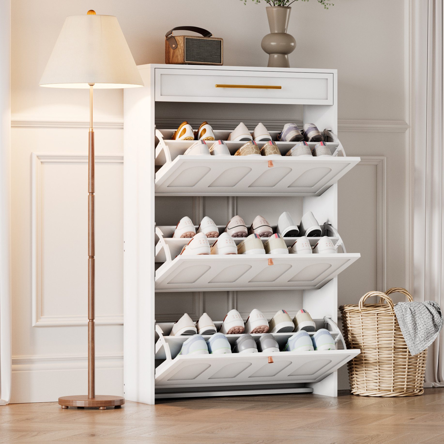 REDOM Schuhschrank Unsichtbarer Stauraum für Schuhe & mehr (nur 25 cm tief) (Packung, 1-St., Ideal als Schuhregal oder vielseitiger Organizer für diverse Räume) In Weiß, 70 cm breit, mit 6 offenen Fächern und einer Schublade