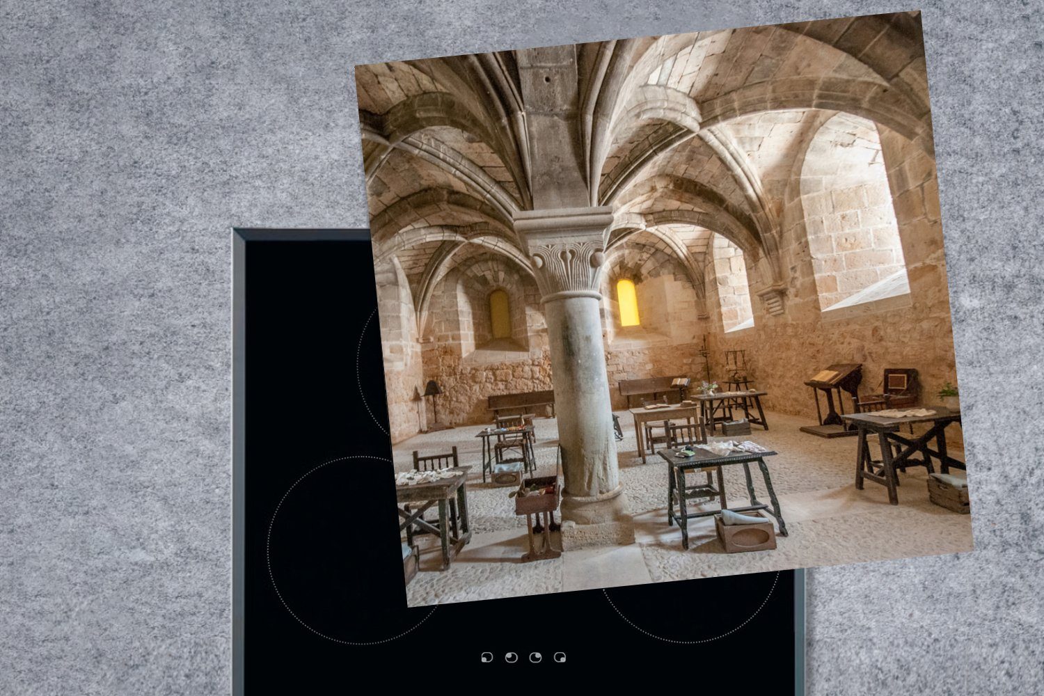 78x78 für einem Vinyl, Arbeitsplatte Speisesaal Kloster, (1 tlg), MuchoWow in cm, küche Herdblende-/Abdeckplatte Ceranfeldabdeckung, spanischen