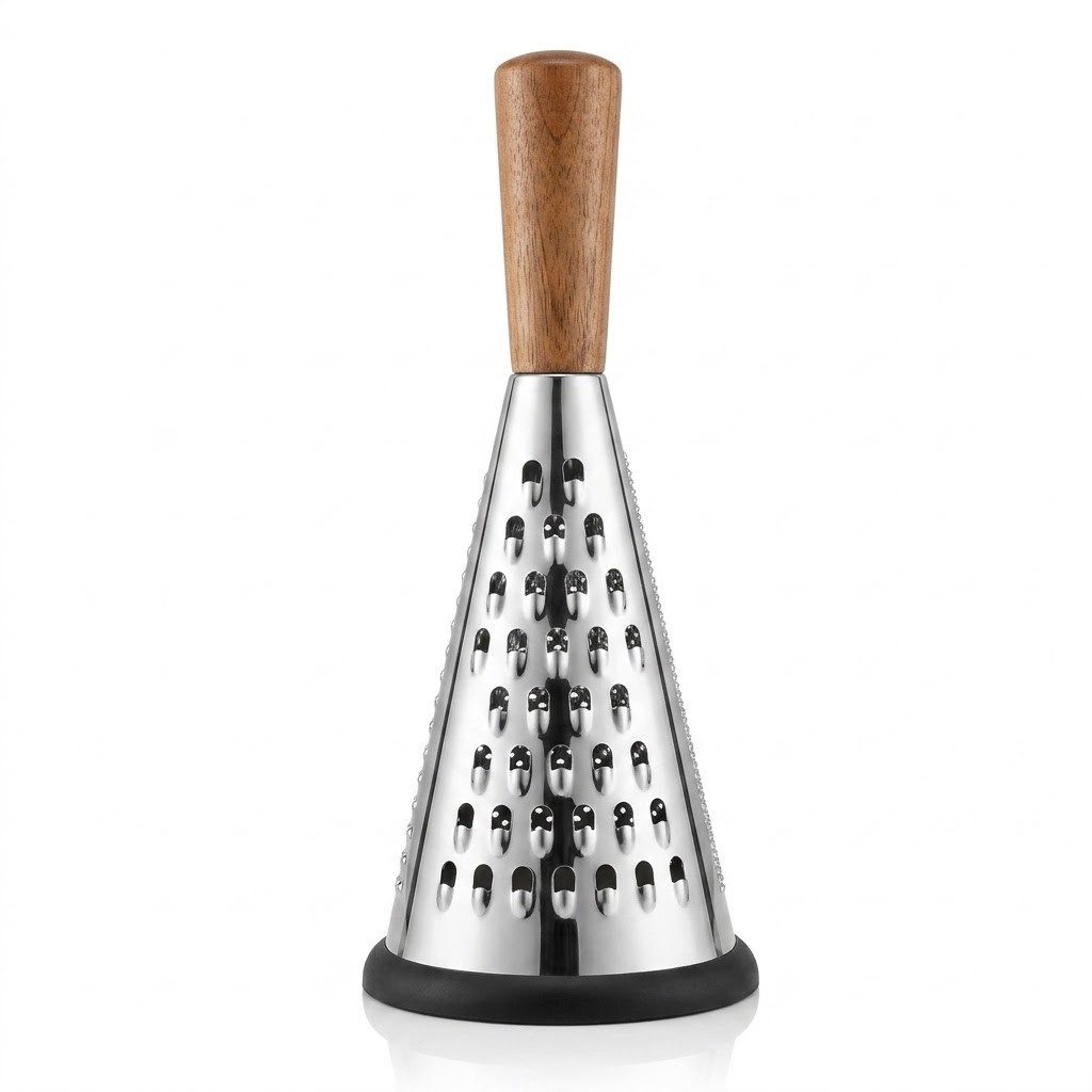 Sendez Küchenreibe mit Holzgriff 3-in-1 Käsereibe konisch 28cm mit Anti-Rutsch-Silikonfuß, Edelstahl