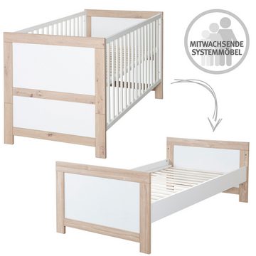 roba® Babybett Malo 70 x 140 cm Liegefläche, aus Holz - Weiß lackiert & Artisan Eiche, mitwachsendes Gitterbett, 3-fach höhenverstellbar, Schlupfsprossen