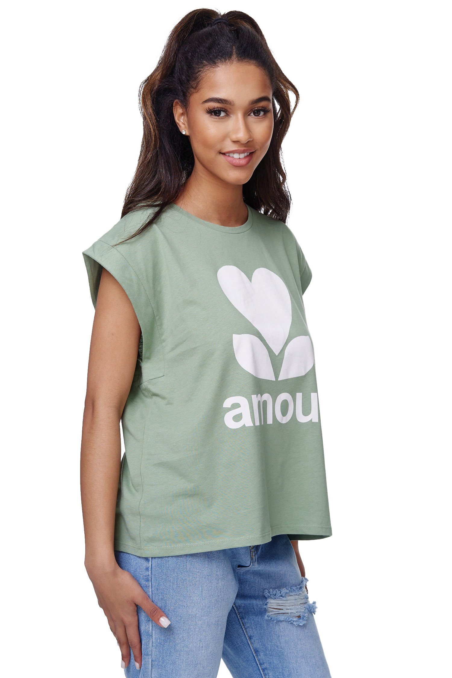 Rayshyne Print-Shirt RS-01 (Damen T-Shirt mit modischem Aufdruck Amour in Einheitsgröße)