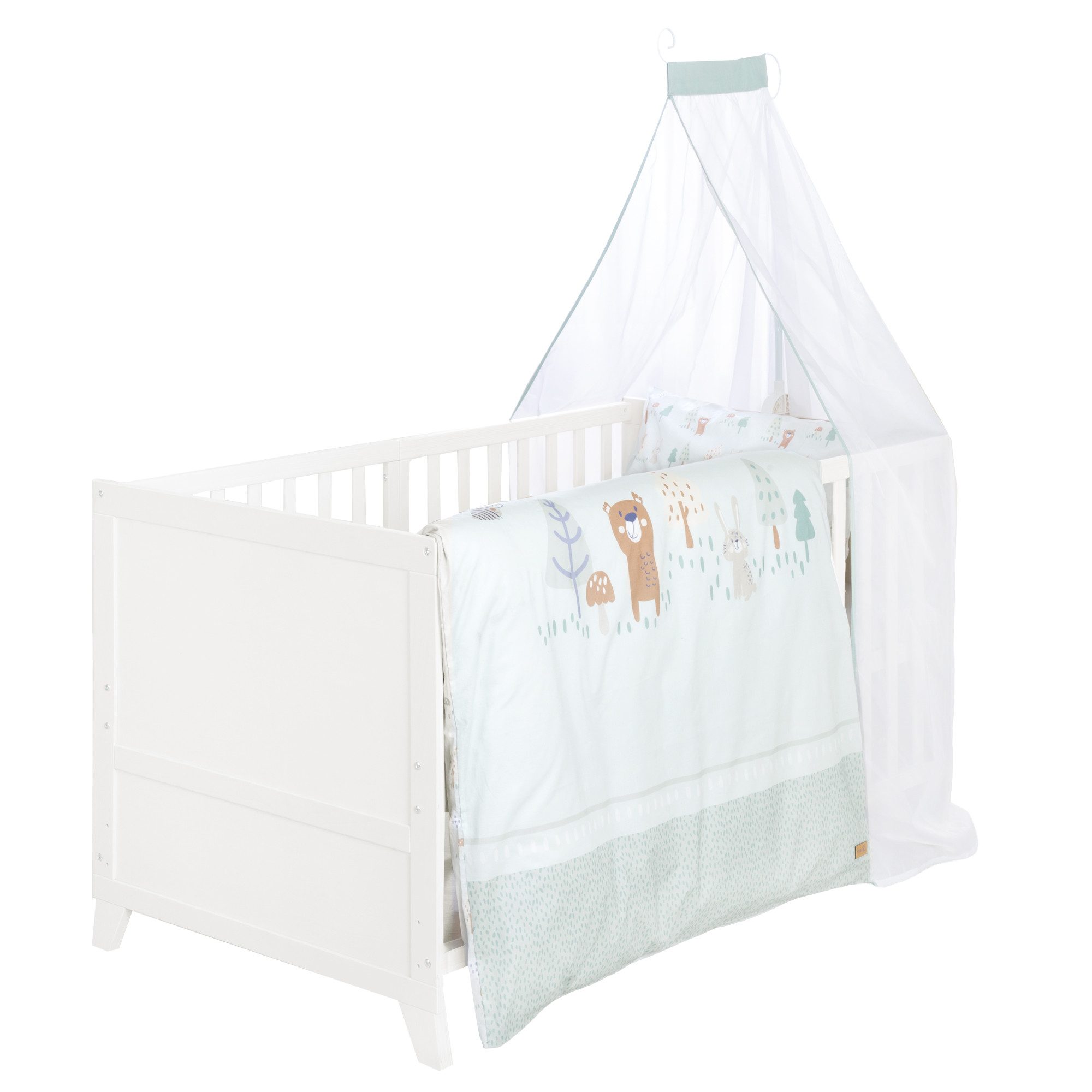 roba® Komplettbett Savanna Friends oder Woodland Buddies 70x140 cm - niedliche Designs, inkl. Bettwäsche, Himmel, & Matratze - Mitwachsendes Babybett - Weiß